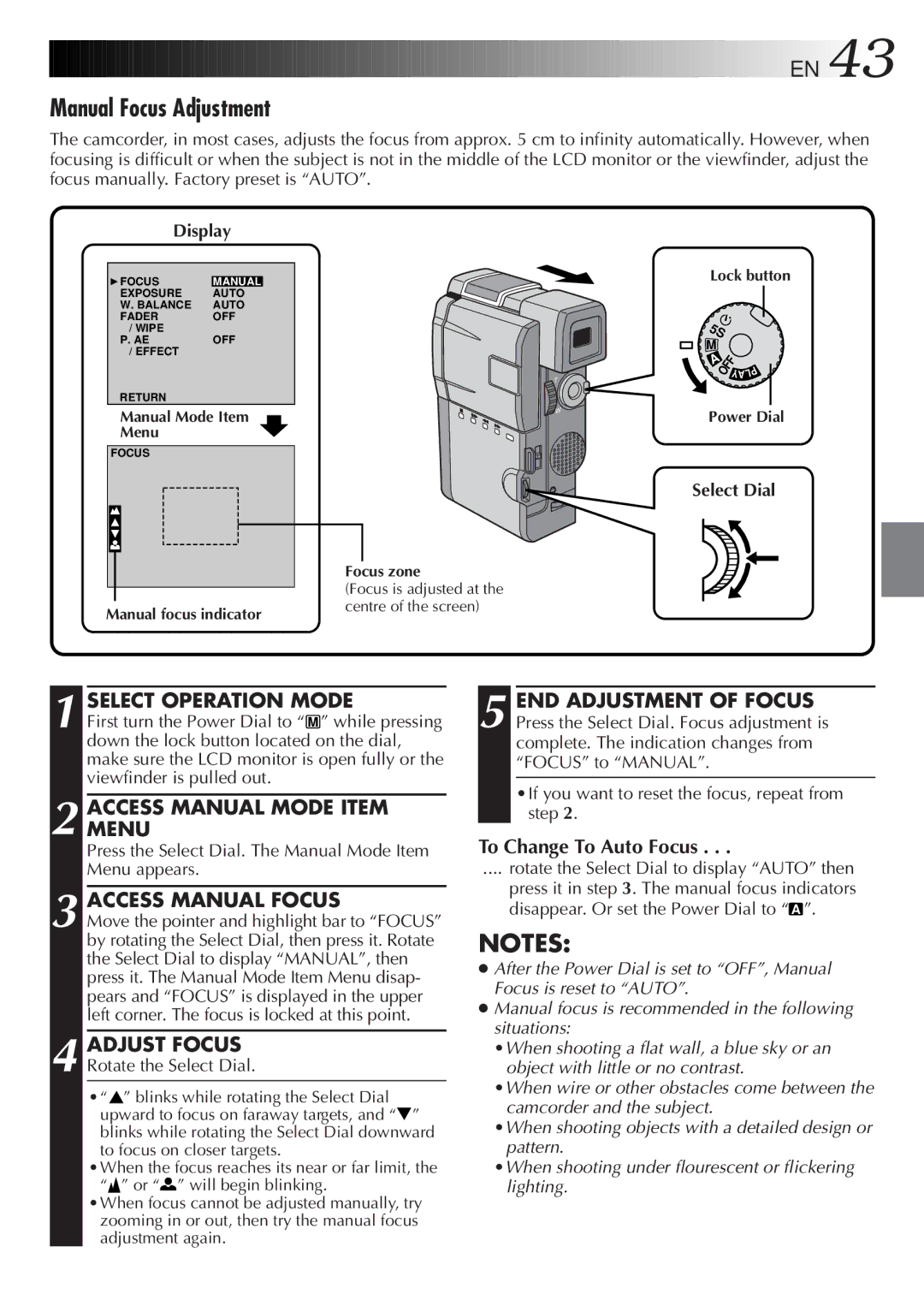 JVC GR-DVM5 specifications Manual Focus Adjustment, Access Manual Focus, Adjust Focus, To Change To Auto Focus 