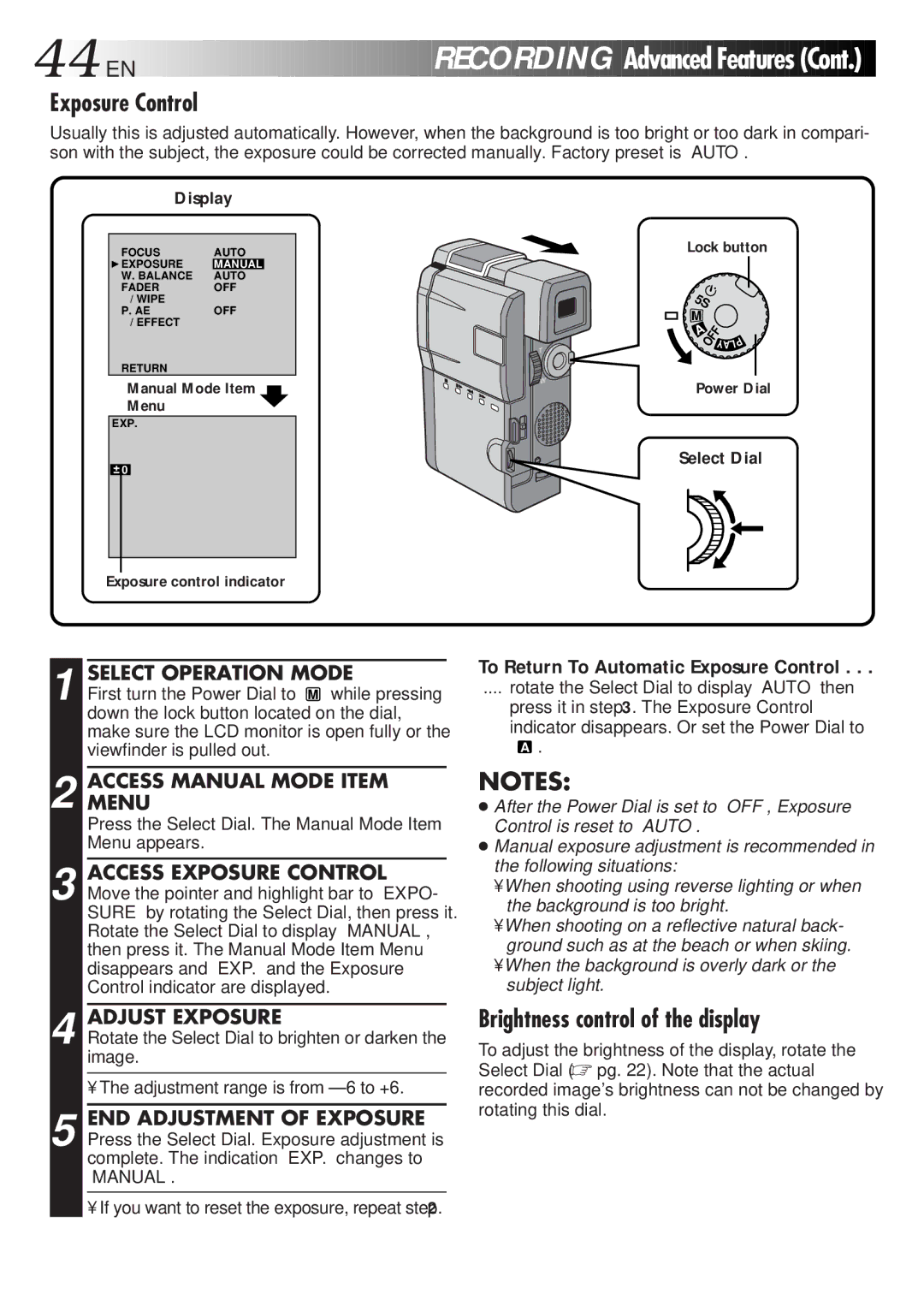 JVC GR-DVM5 specifications Brightness control of the display, Adjust Exposure, To Return To Automatic Exposure Control 