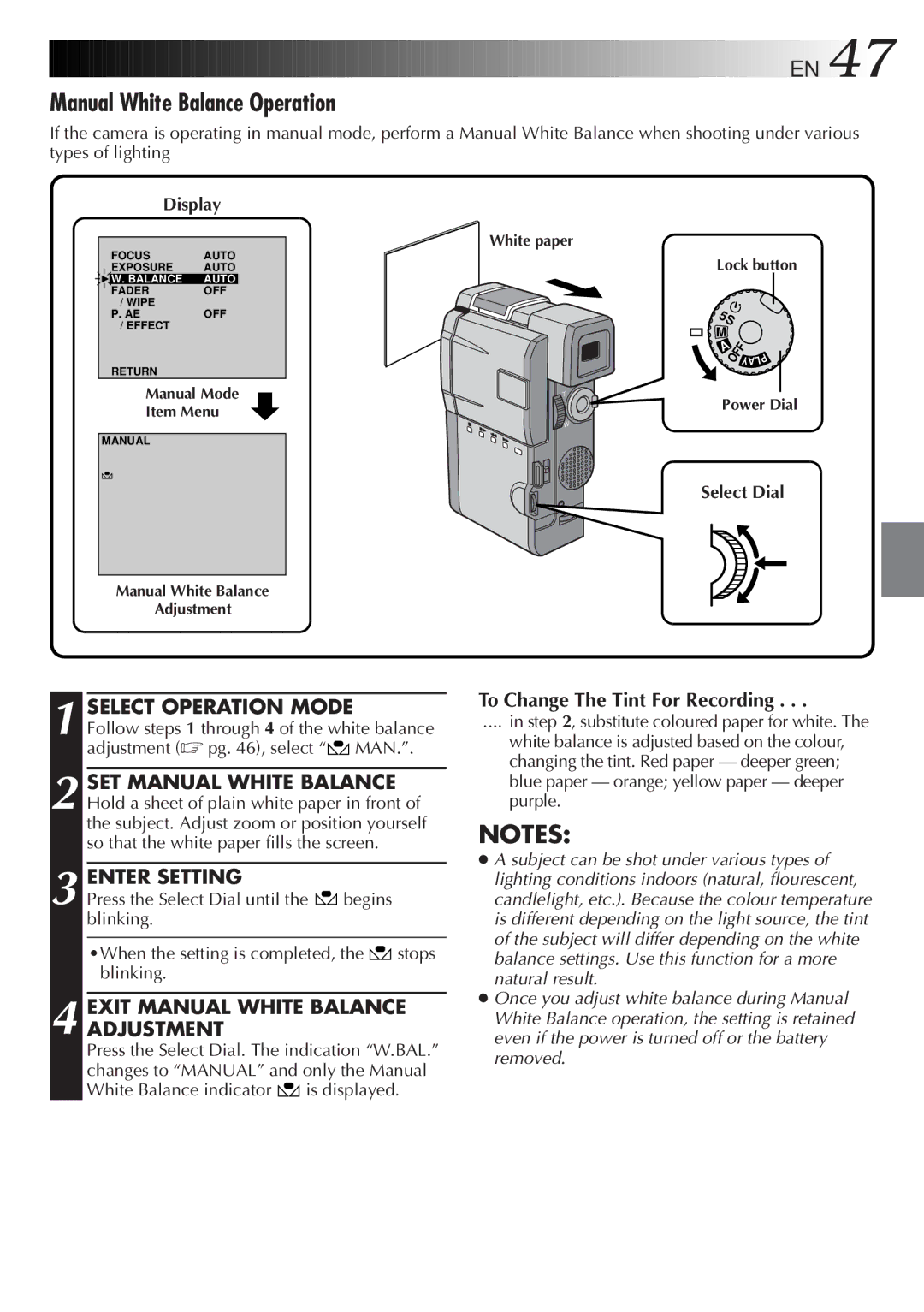 JVC GR-DVM5 specifications Manual White Balance Operation, Enter Setting, Exit Manual White Balance Adjustment 