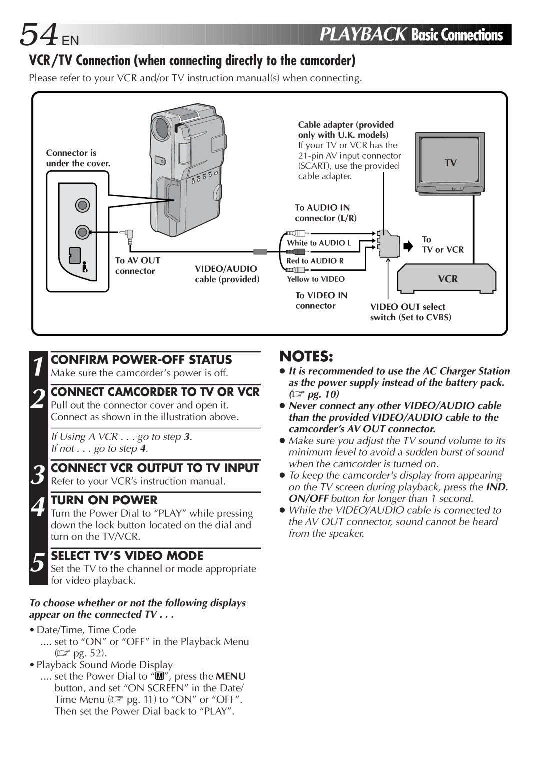 JVC GR-DVM5 VCR/TV Connection when connecting directly to the camcorder, Turn on Power, Select TV’S Video Mode 