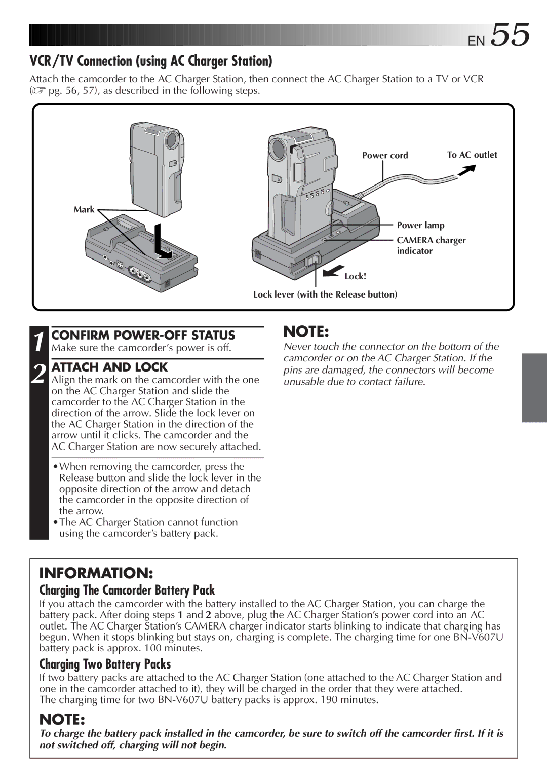 JVC GR-DVM5 specifications VCR/TV Connection using AC Charger Station, Attach and Lock 