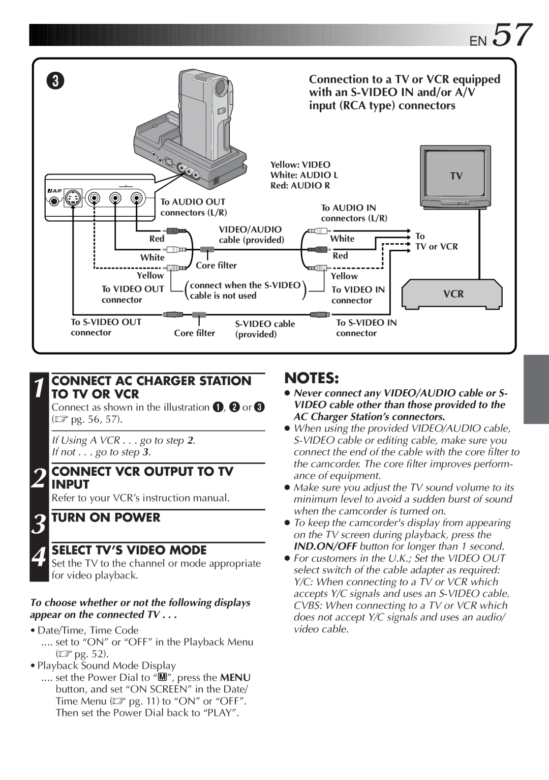 JVC GR-DVM5 specifications Connect AC Charger Station to TV or VCR, Connect as shown in the illustration 1, 2 or 3 pg 