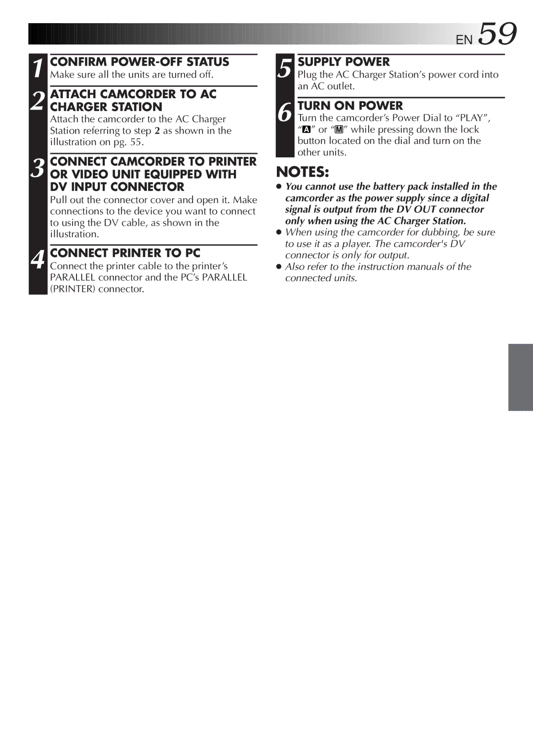 JVC GR-DVM5 specifications Attach Camcorder to AC Charger Station, Supply Power, While pressing down the lock 