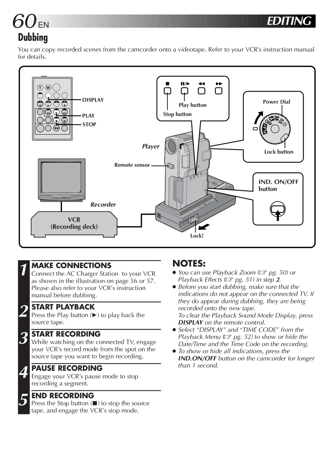 JVC GR-DVM5 specifications Dubbing, Make Connections Start Playback, Pause Recording, Recording deck 