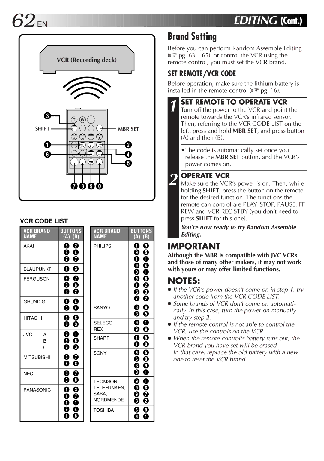 JVC GR-DVM5 specifications Brand Setting, Operate VCR, VCR Recording deck, Pg 65, or control the VCR using 