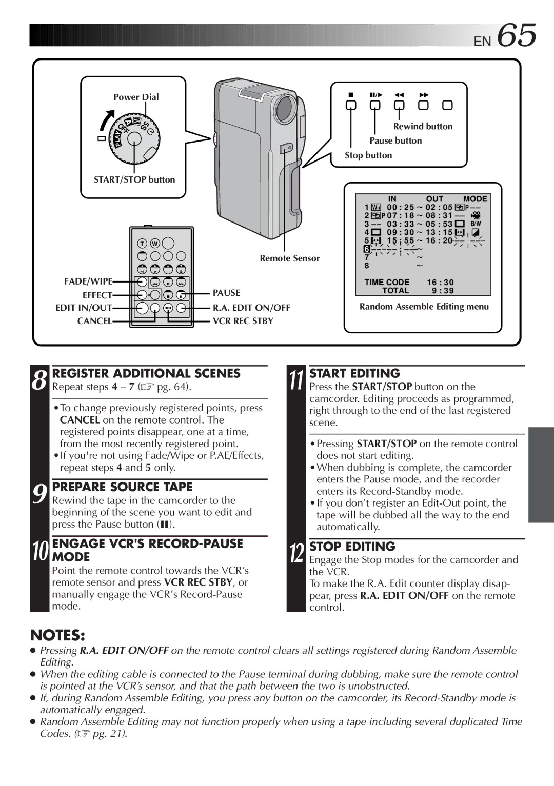 JVC GR-DVM5 specifications Engagemode Vcrs RECORD-PAUSE, Start Editing, Stop Editing 