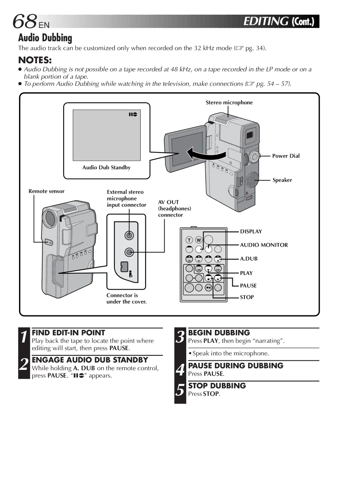 JVC GR-DVM5 specifications Audio Dubbing, Find EDIT-IN Point, Begin Dubbing, Pause During Dubbing, Stop Dubbing 