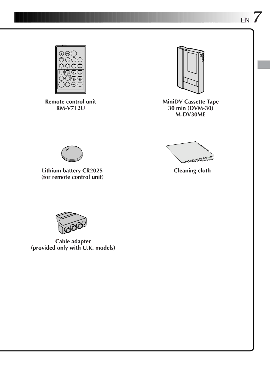 JVC GR-DVM5 specifications RM-V712U Min DVM-30, DV30ME, Lithium battery CR2025 