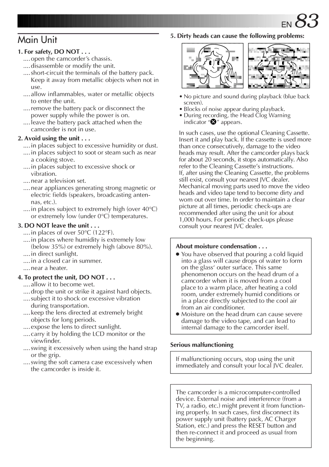 JVC GR-DVM5 specifications For safety, do not, Avoid using the unit, Do not leave the unit, To protect the unit, do not 