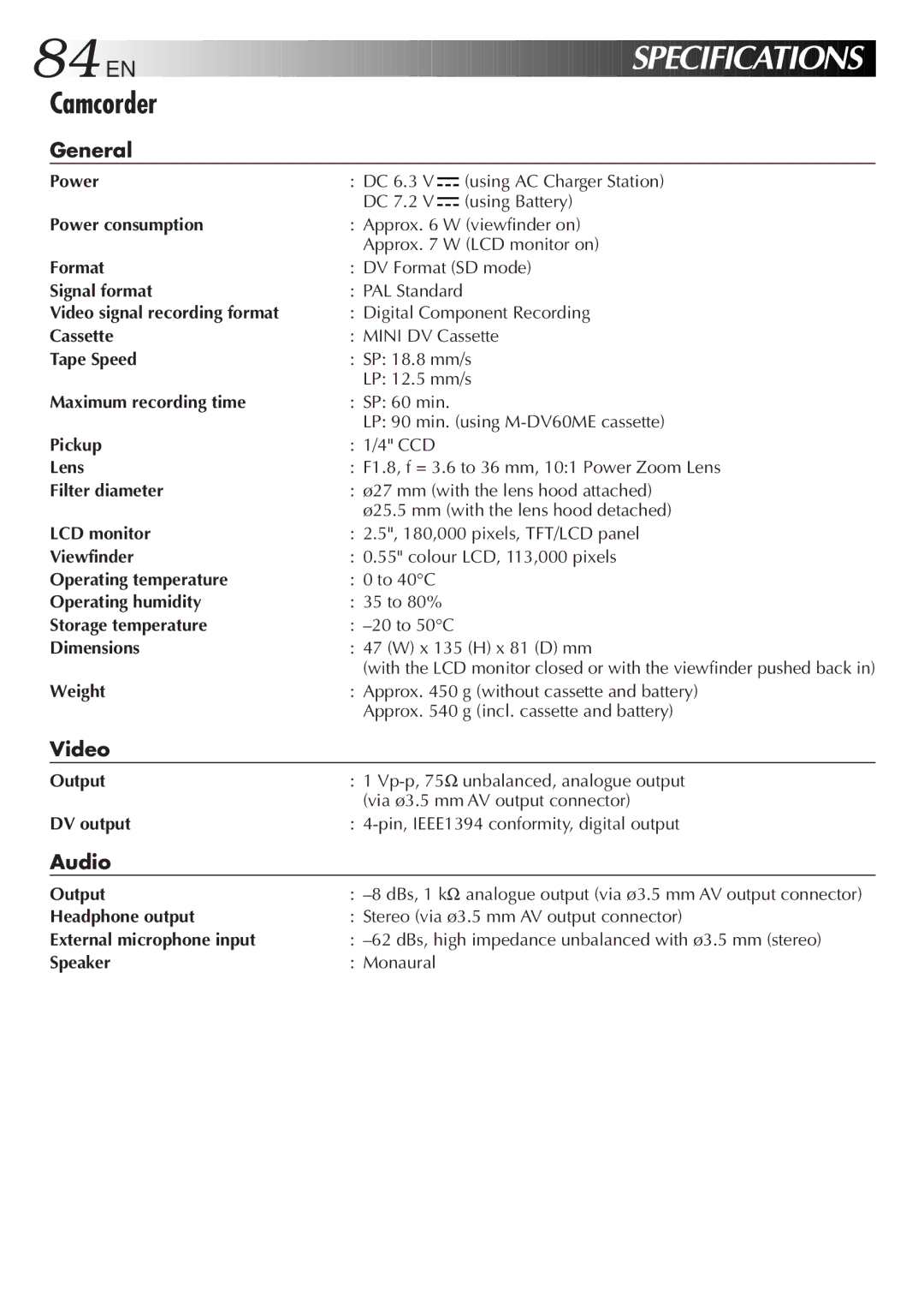 JVC GR-DVM5 specifications General, Video, Audio 