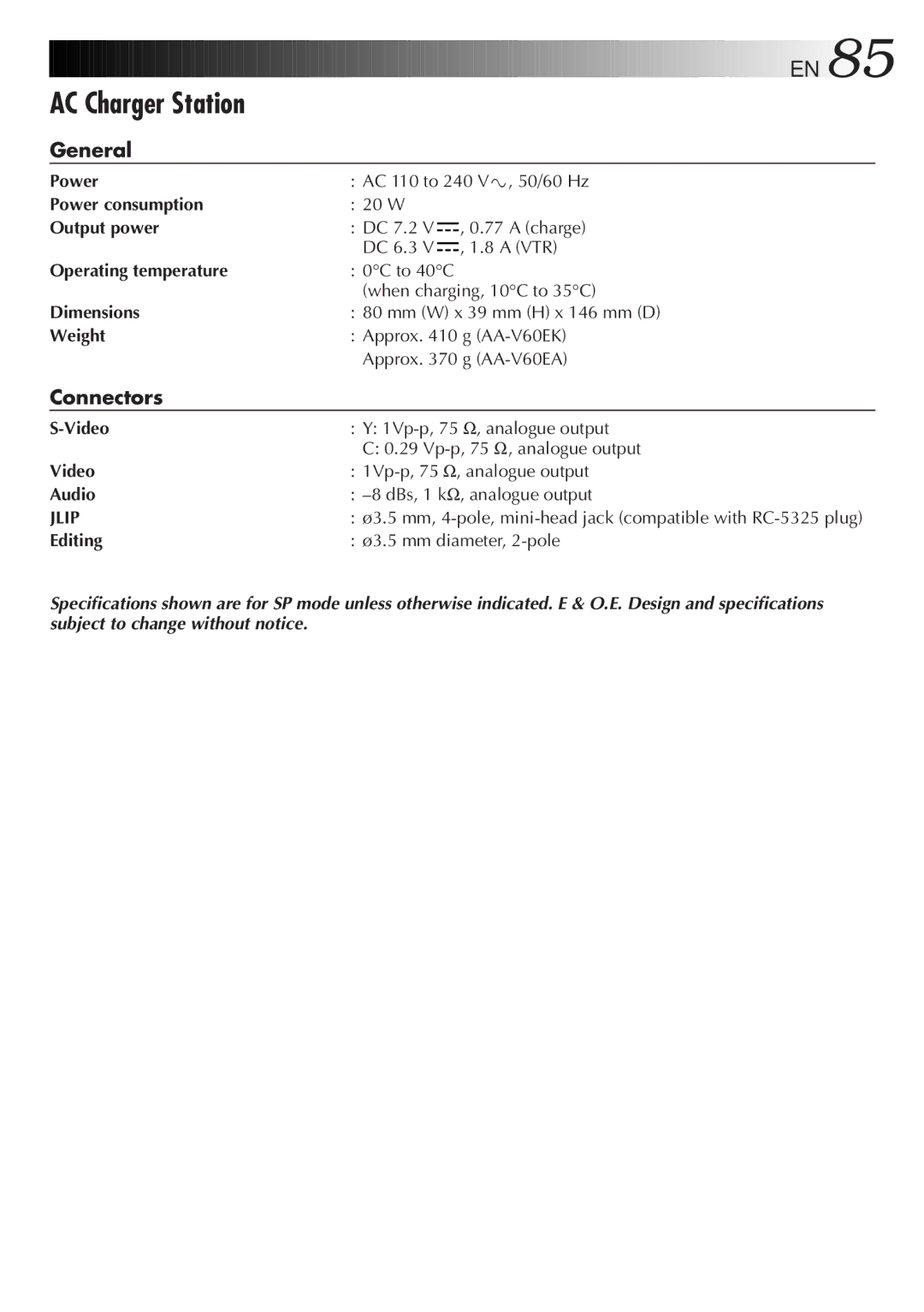 JVC GR-DVM5 specifications Connectors, Output power, Video, Audio, Editing 