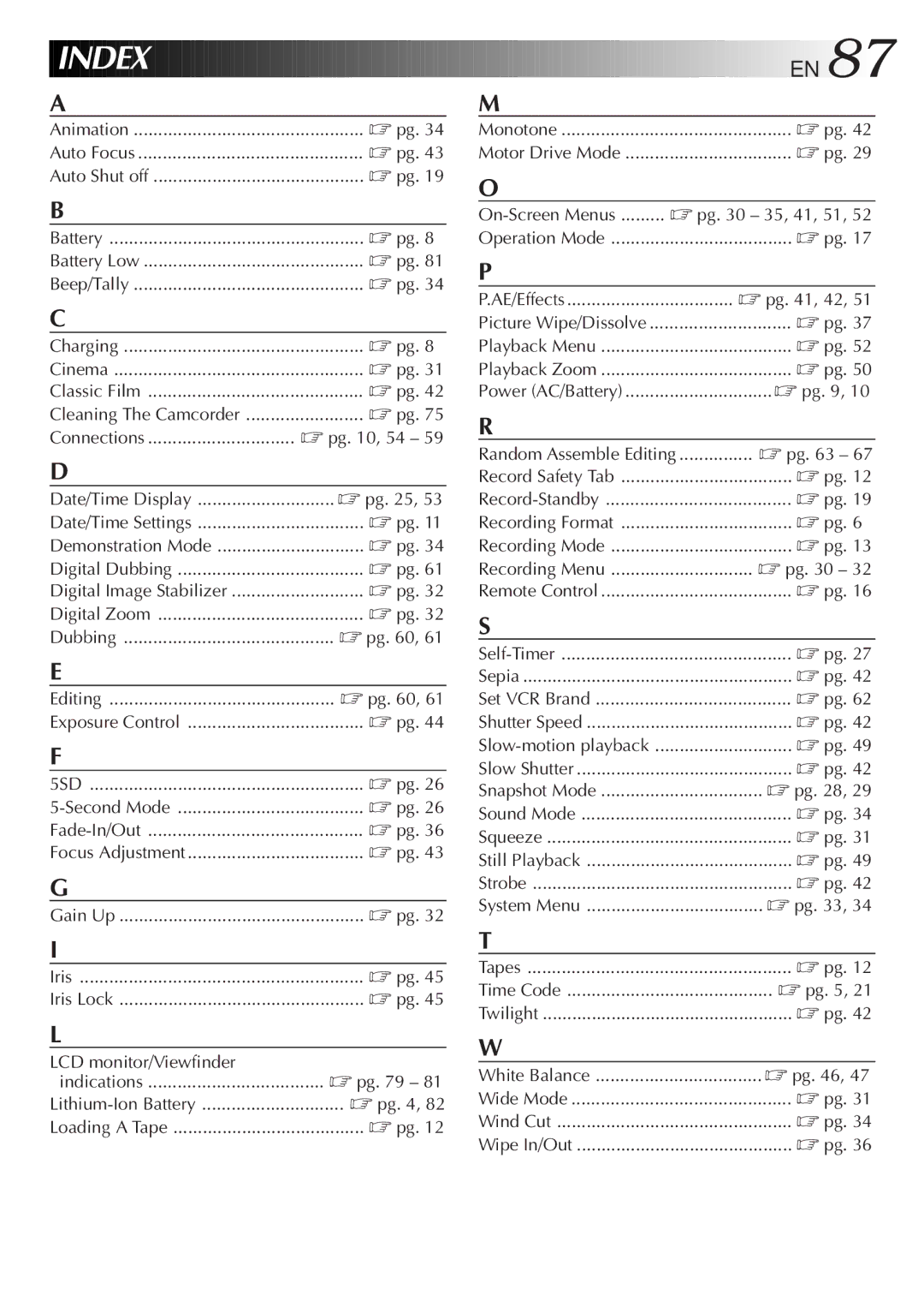 JVC GR-DVM5 Pg , 54, Pg 35, 41, 51, Pg , 42, Iris Iris Lock LCD monitor/Viewfinder Indications, Time Code, White Balance 