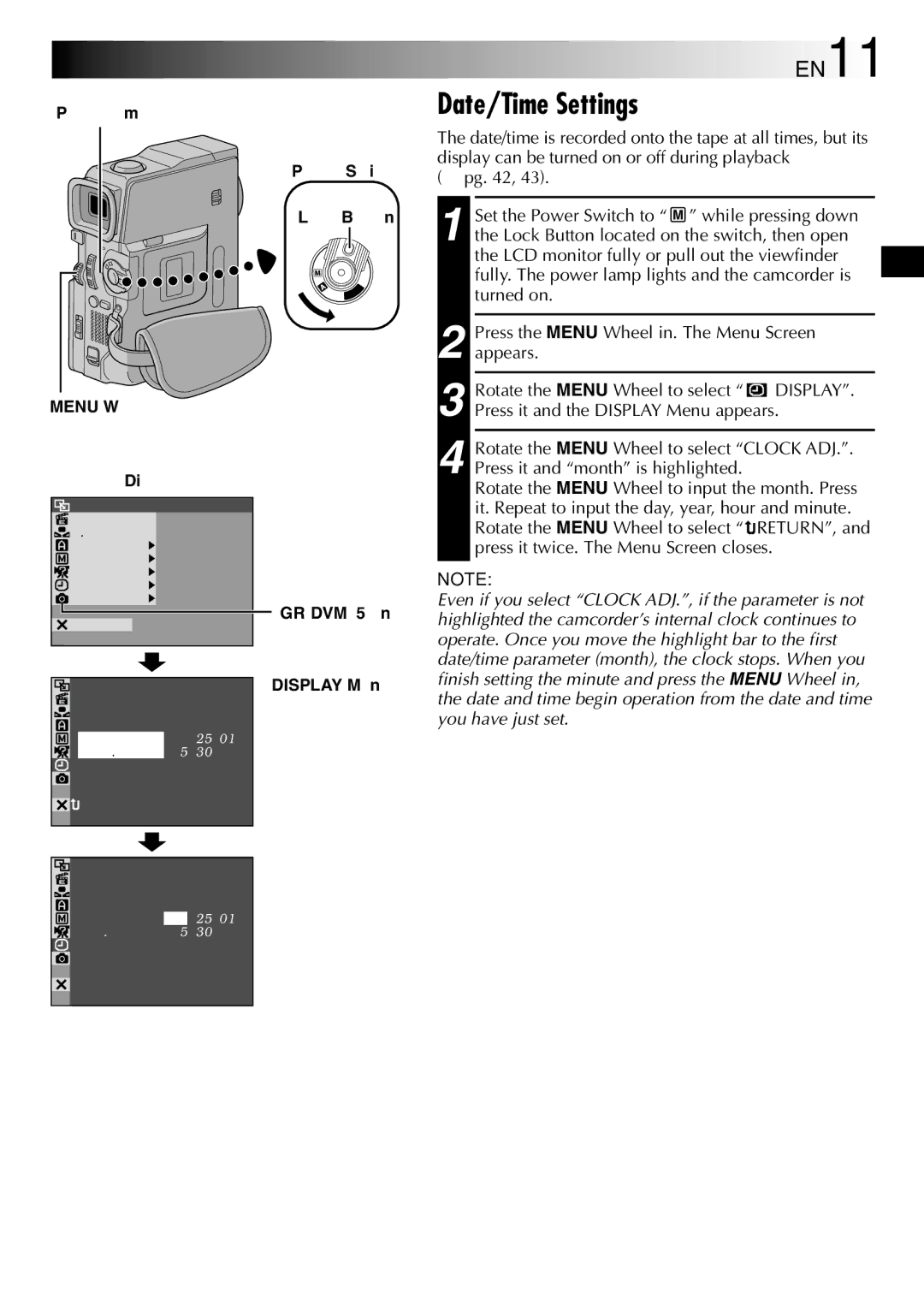 JVC GR-DVM75 specifications Date/Time Settings, EN11, Power lamp 