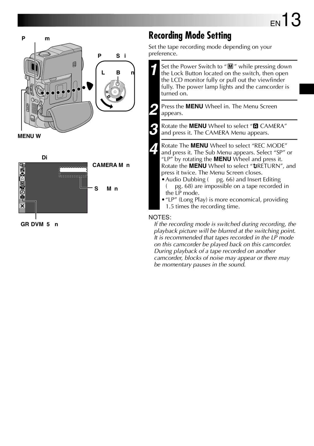 JVC GR-DVM75 specifications Recording Mode Setting, EN13, LP mode 