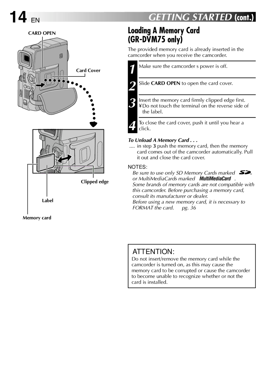 JVC GR-DVM75 specifications 14 EN, To Unload a Memory Card, Card Cover, Label 