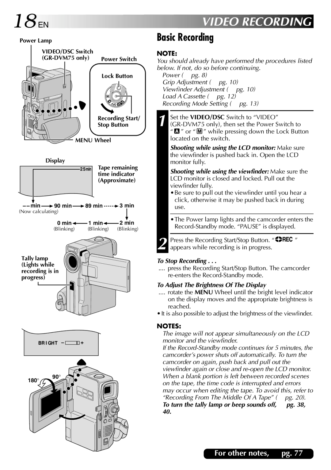 JVC GR-DVM75 specifications 18 EN, Video Recording, Basic Recording 
