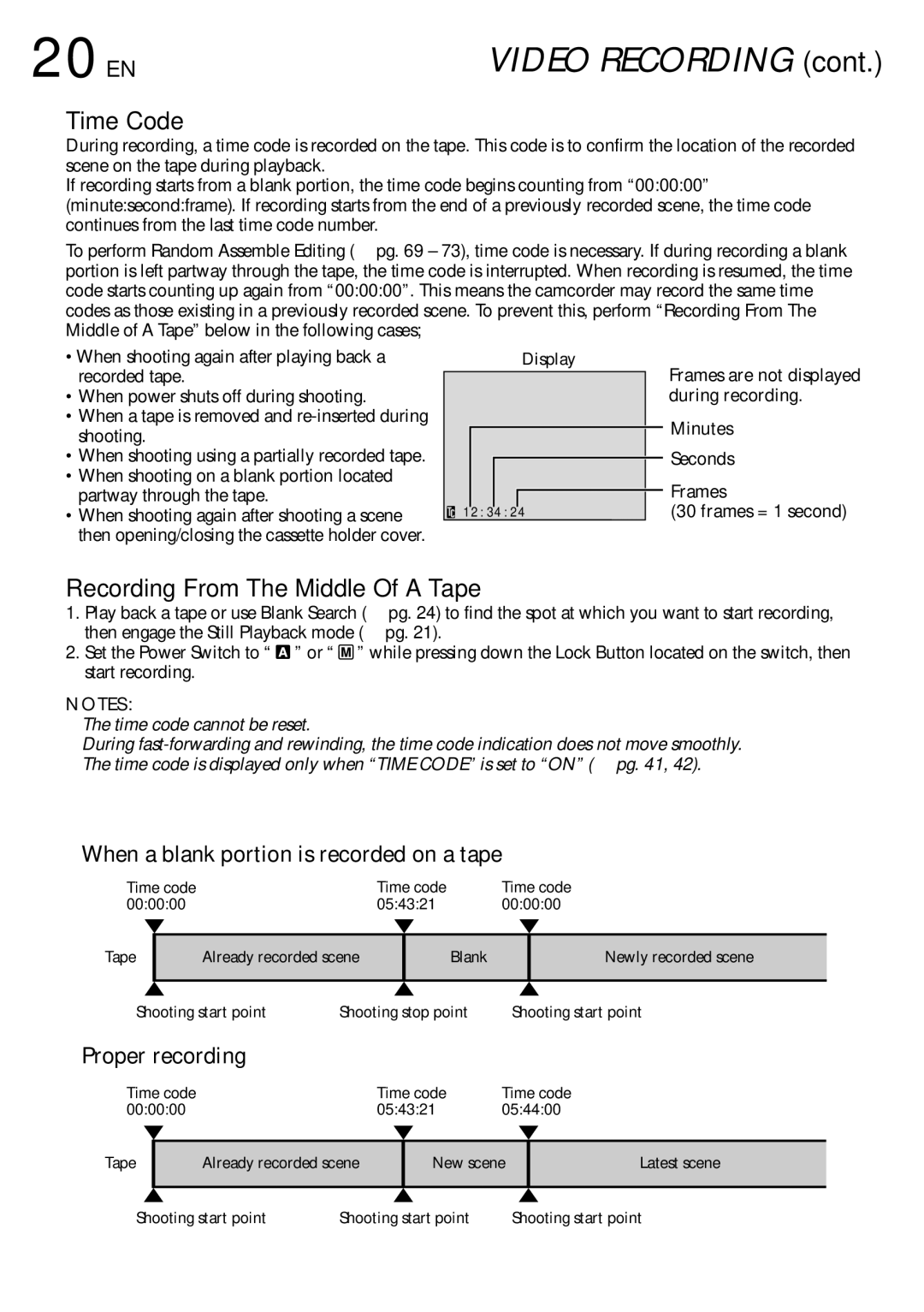 JVC GR-DVM75 specifications 20 EN, When a blank portion is recorded on a tape, Proper recording 