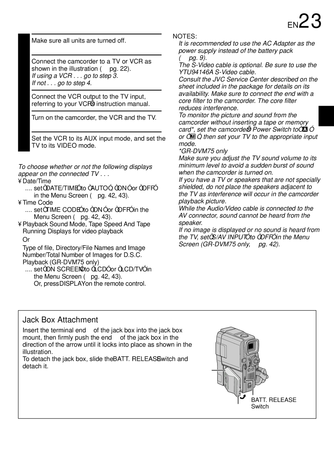 JVC GR-DVM75 specifications EN23, Jack Box Attachment, Switch 
