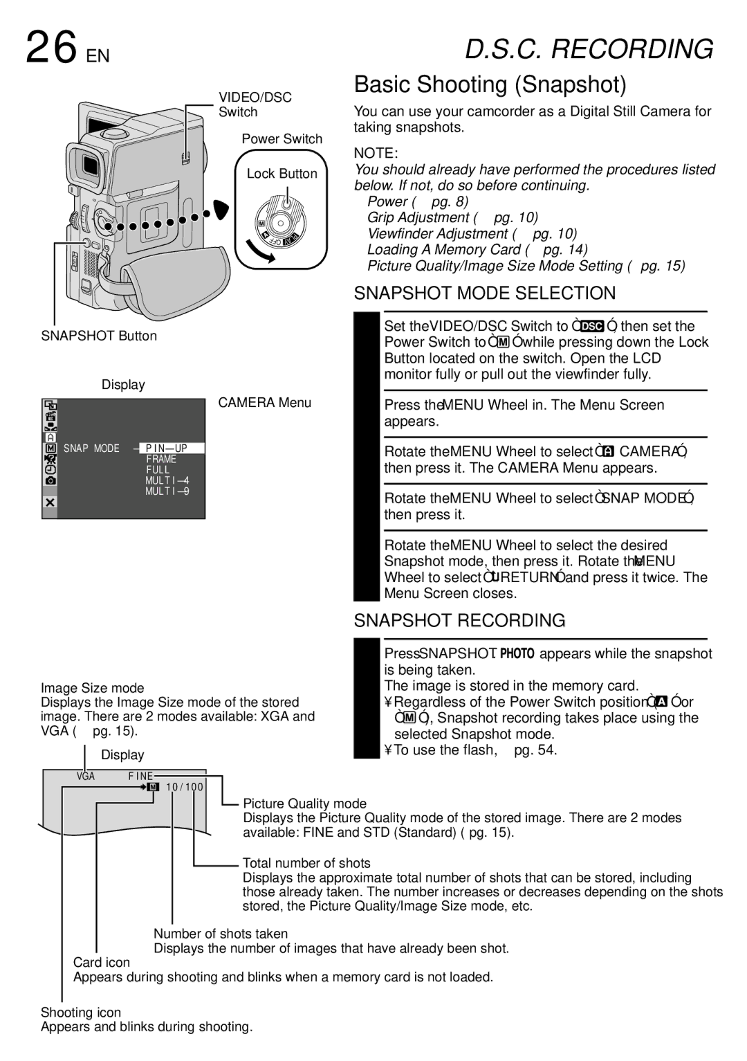 JVC GR-DVM75 specifications 26 EN, Basic Shooting Snapshot, Snapshot Mode Selection, Snapshot Recording 