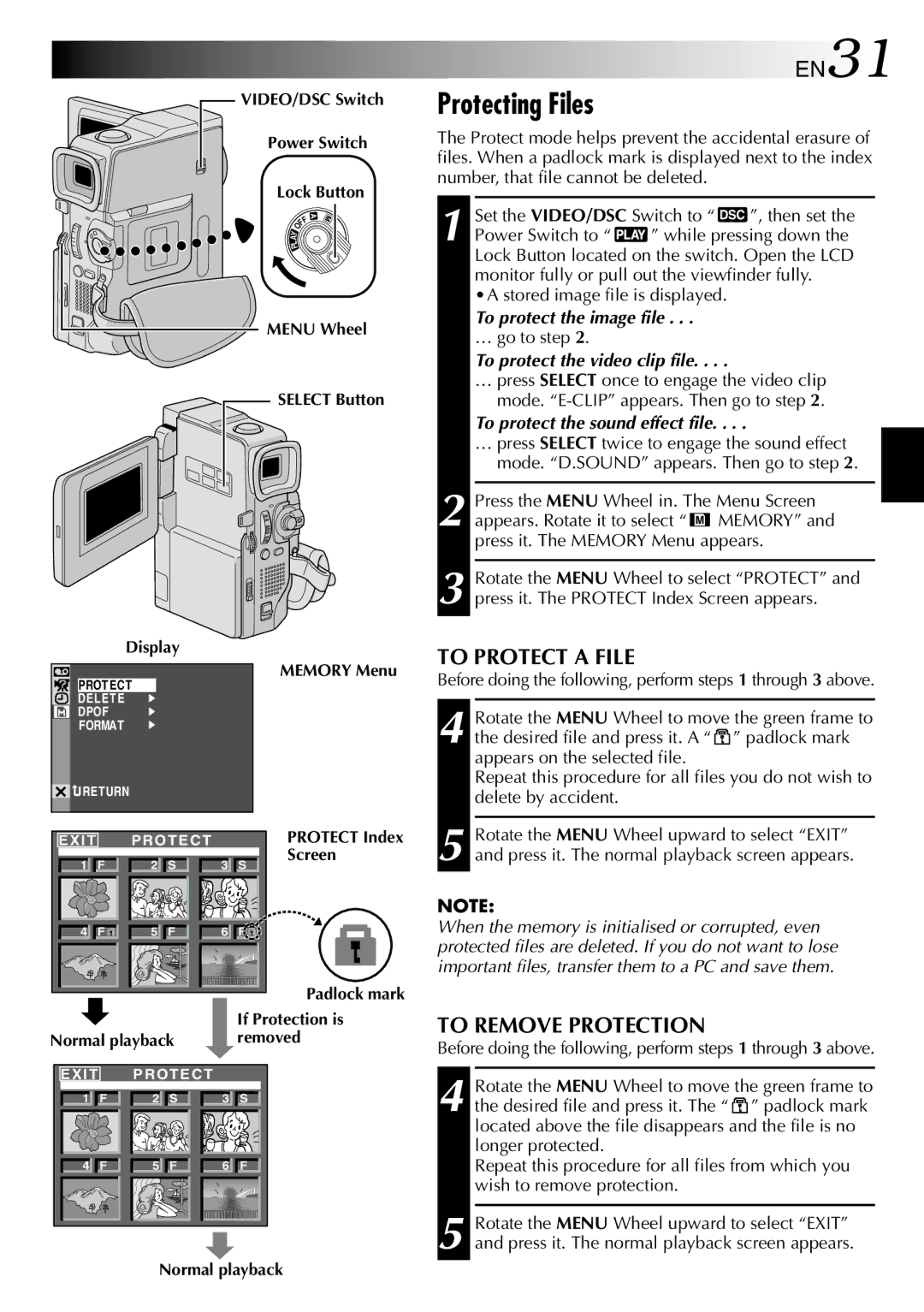 JVC GR-DVM75 specifications Protecting Files, EN31, To Protect a File, To Remove Protection 