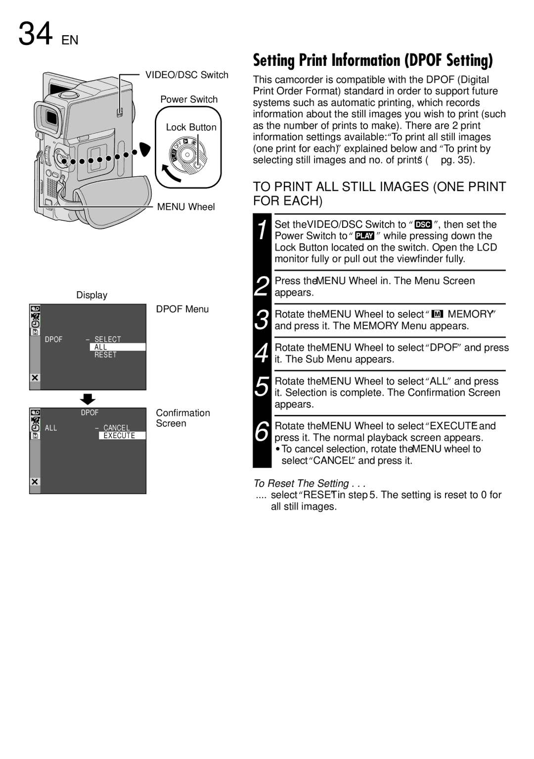 JVC GR-DVM75 specifications 34 EN, To Print ALL Still Images ONE Print for Each, To Reset The Setting 