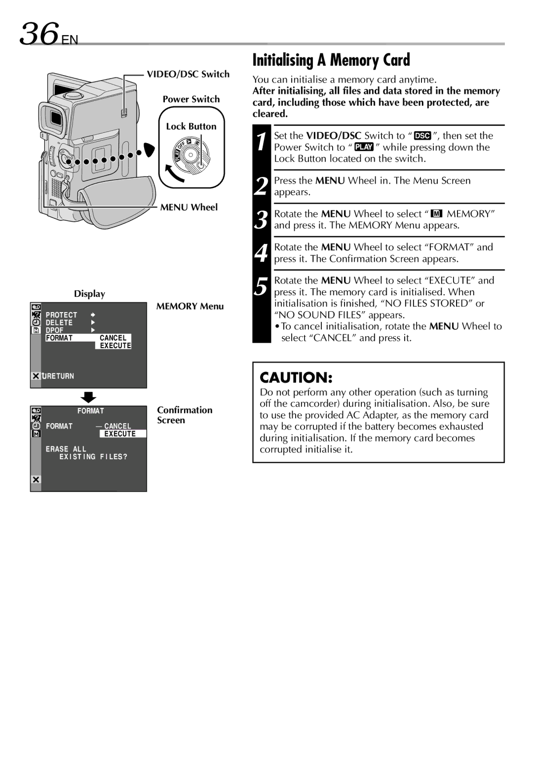 JVC GR-DVM75 36 EN, Initialising a Memory Card, You can initialise a memory card anytime, Display Memory Menu 