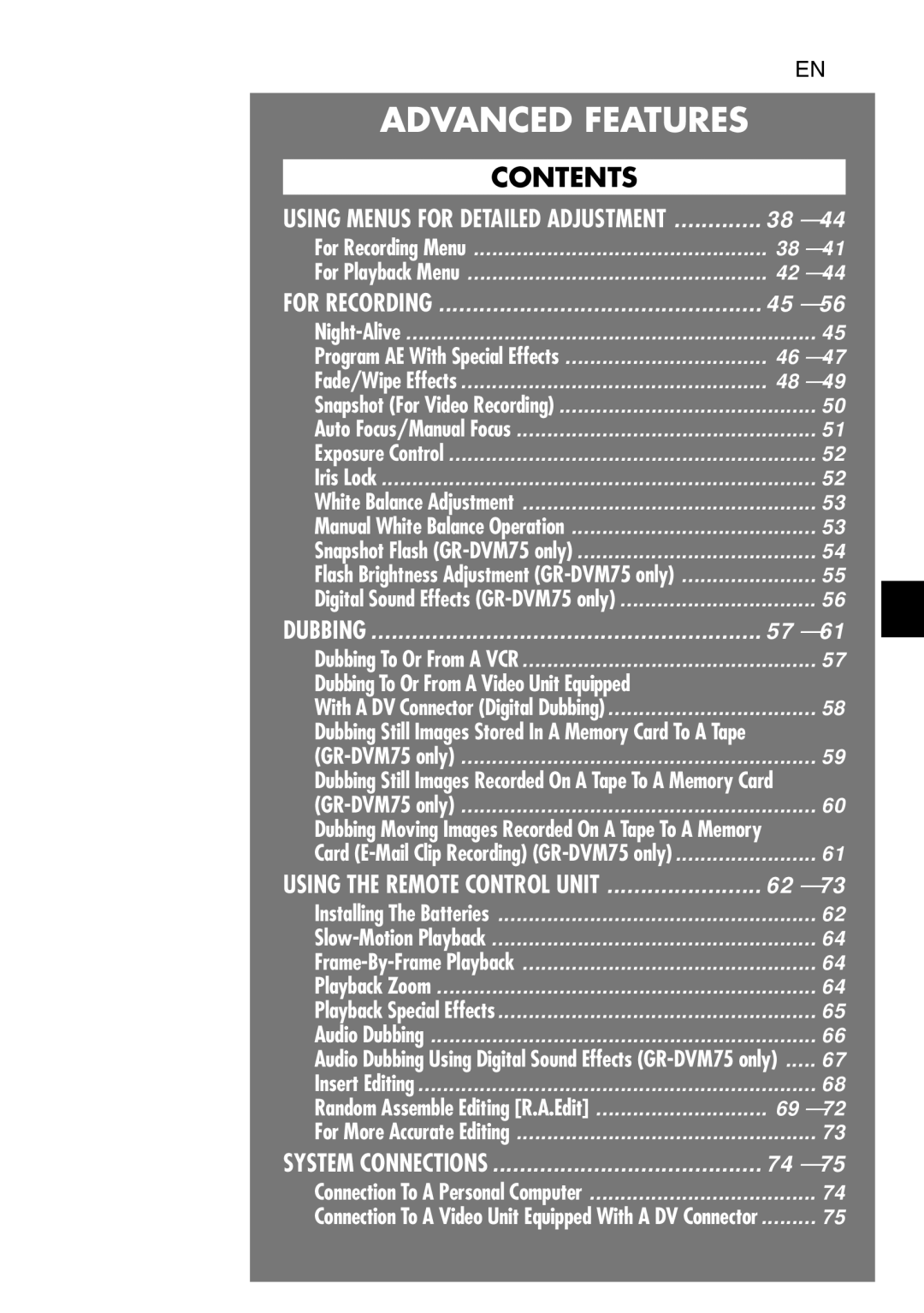 JVC GR-DVM75 specifications Advanced Features, For Recording 