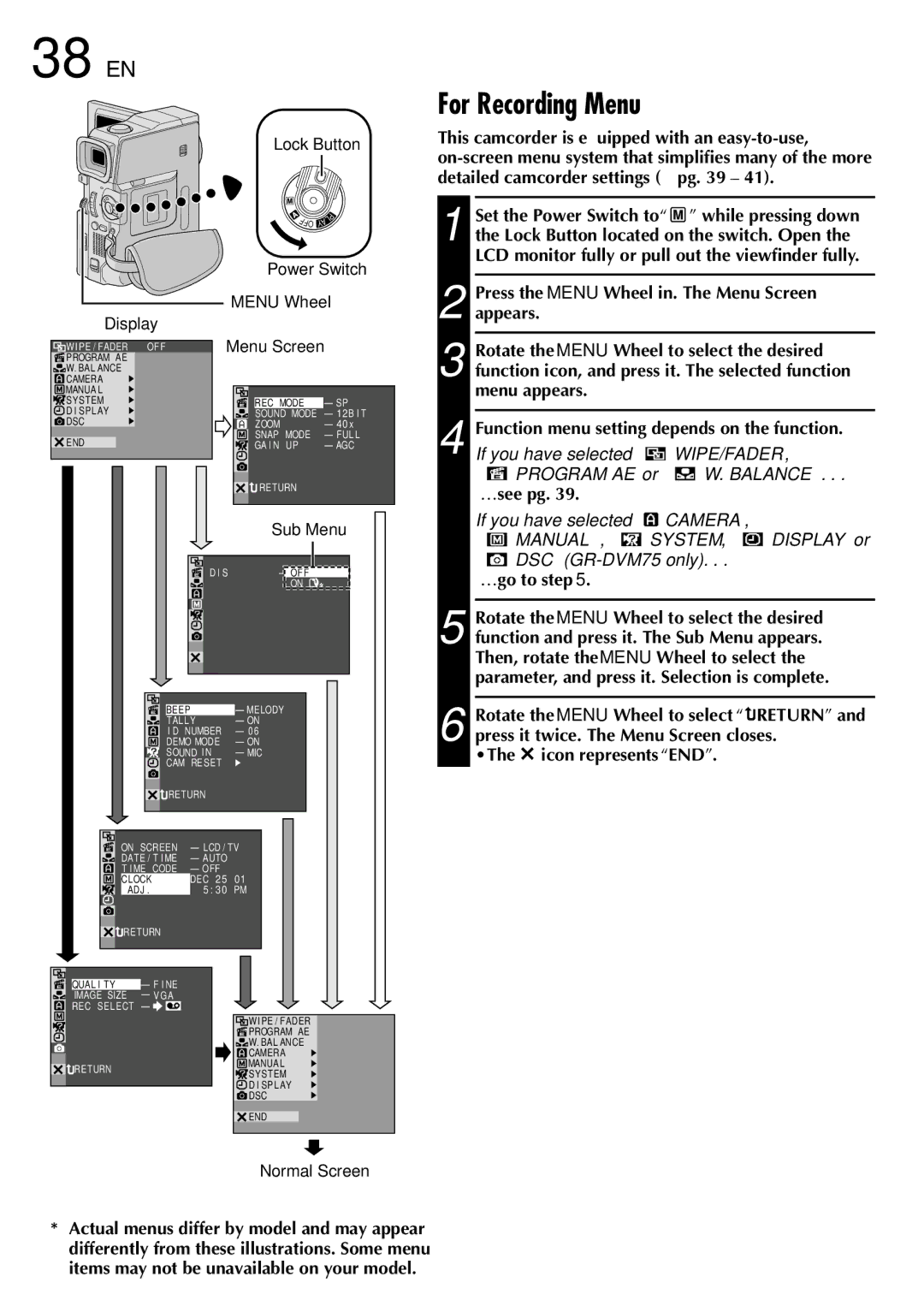 JVC GR-DVM75 specifications EN Using Menus for Detailed Adjustment, For Recording Menu, …see pg, …go to step 