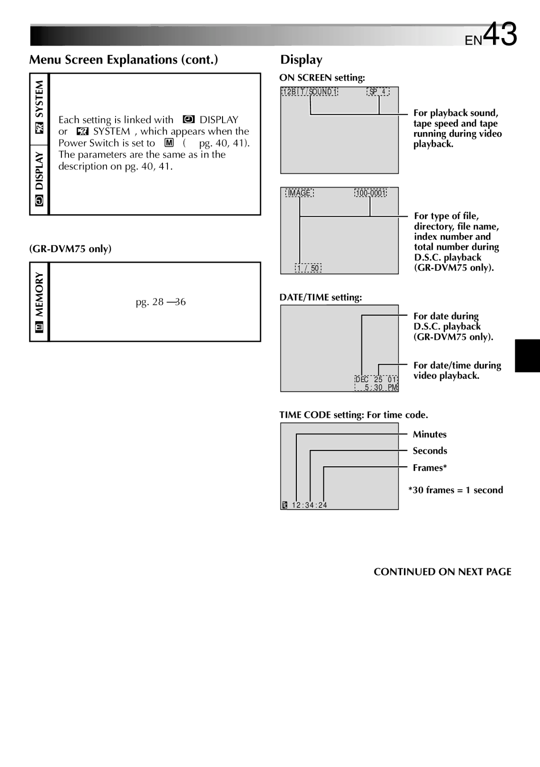 JVC GR-DVM75 specifications EN43, Display,  pg 