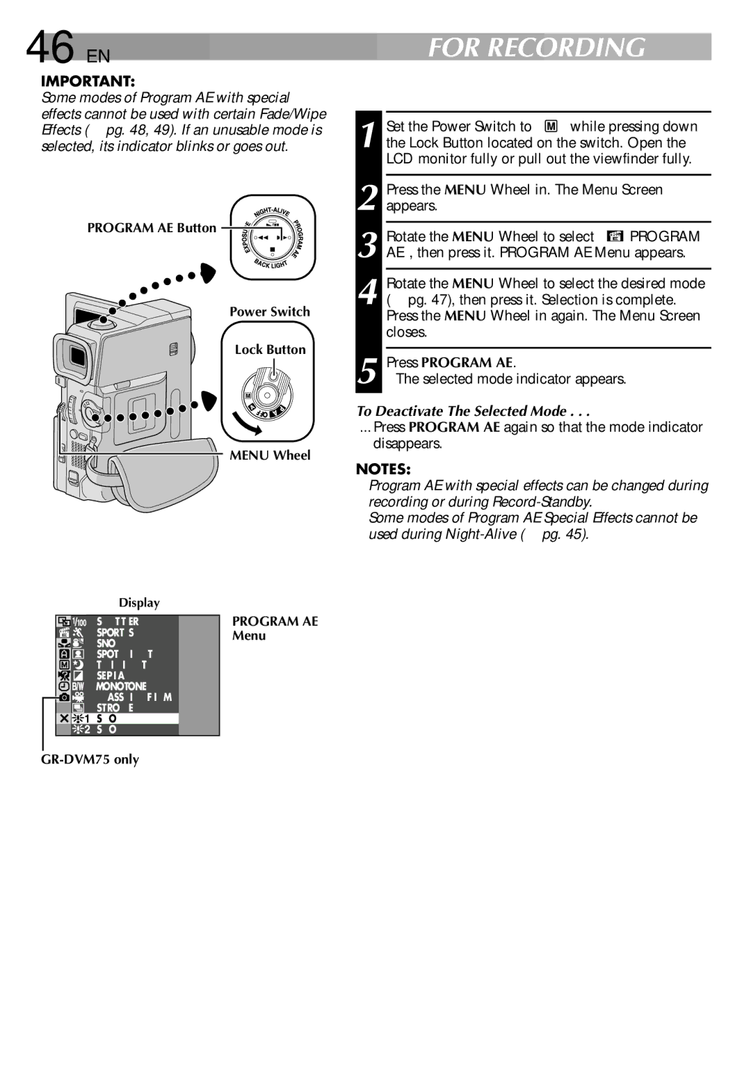JVC GR-DVM75 specifications 46 EN, Program AE With Special Effects, Press Program AE, Selected mode indicator appears 