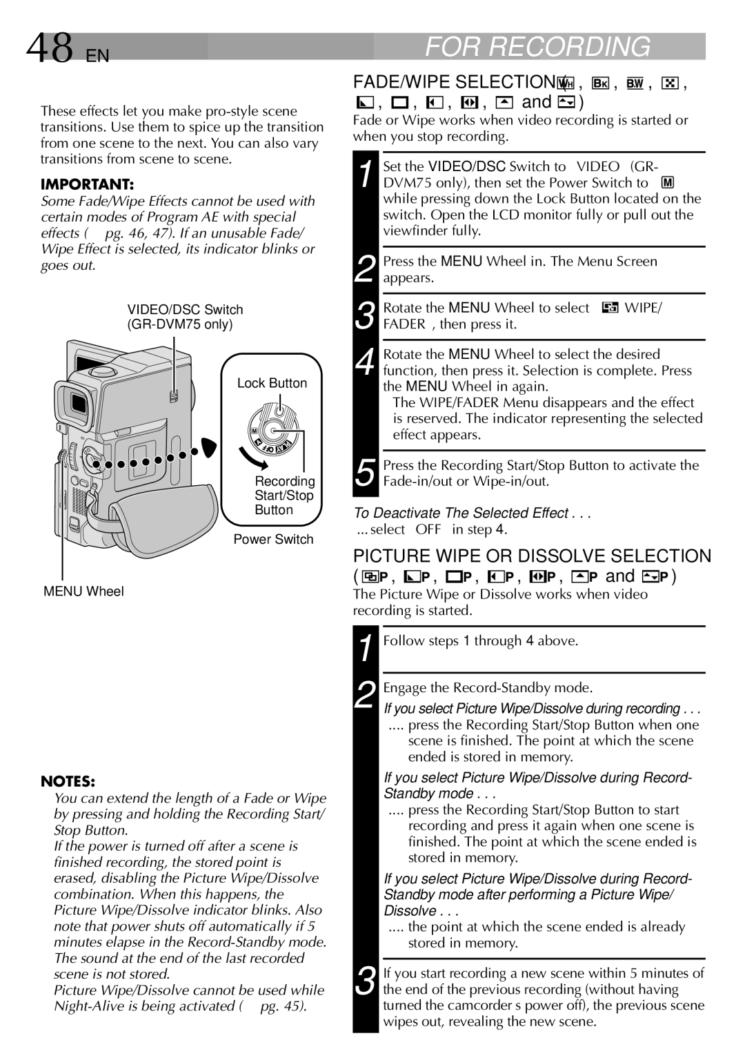 JVC GR-DVM75 48 EN, Fade/Wipe Effects, FADE/WIPE Selection, Recording Start/Stop Button Power Switch Menu Wheel 