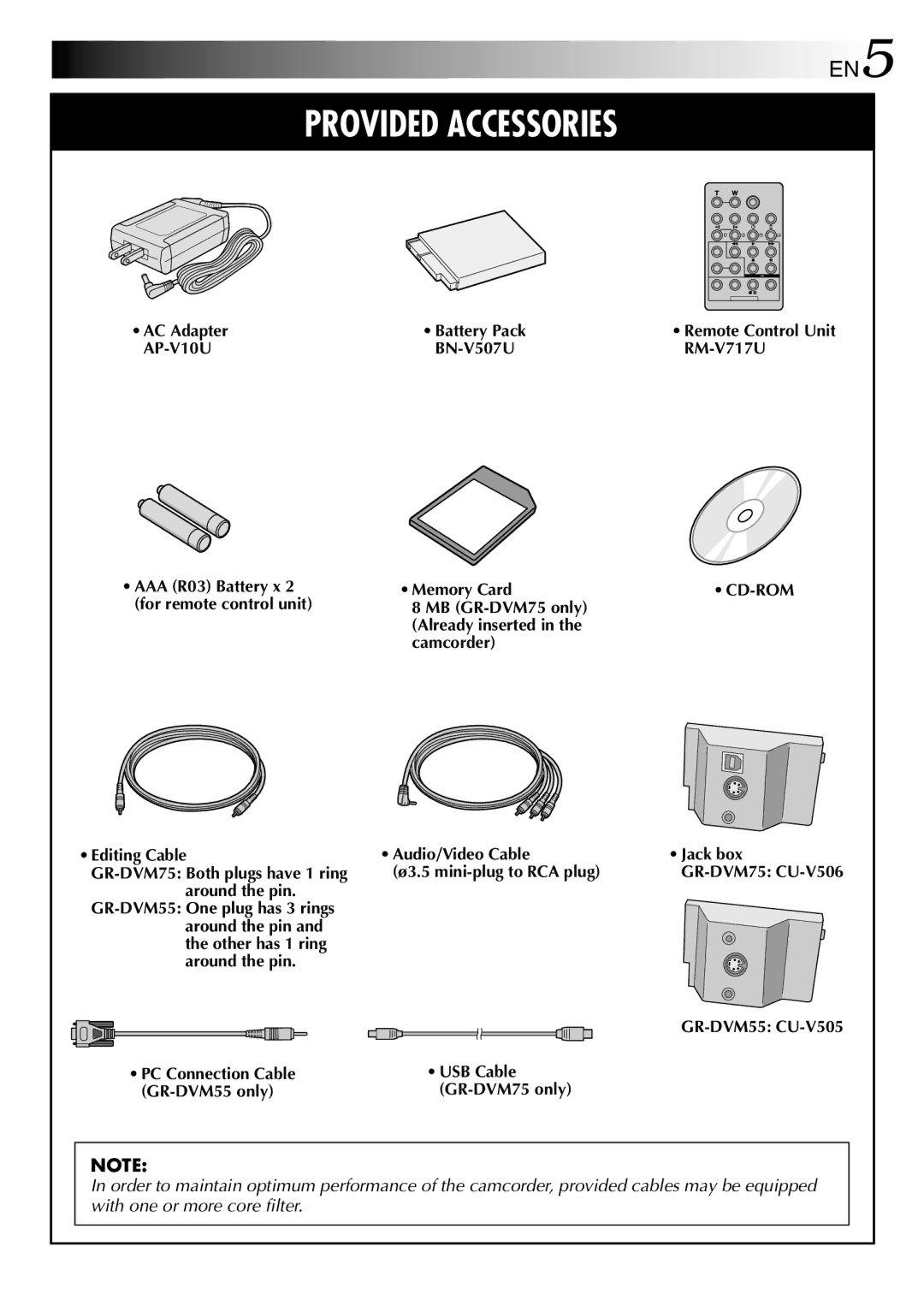 JVC specifications AC Adapter AP-V10U, RM-V717U, Memory Card, GR-DVM55 CU-V505 USB Cable GR-DVM75 only 