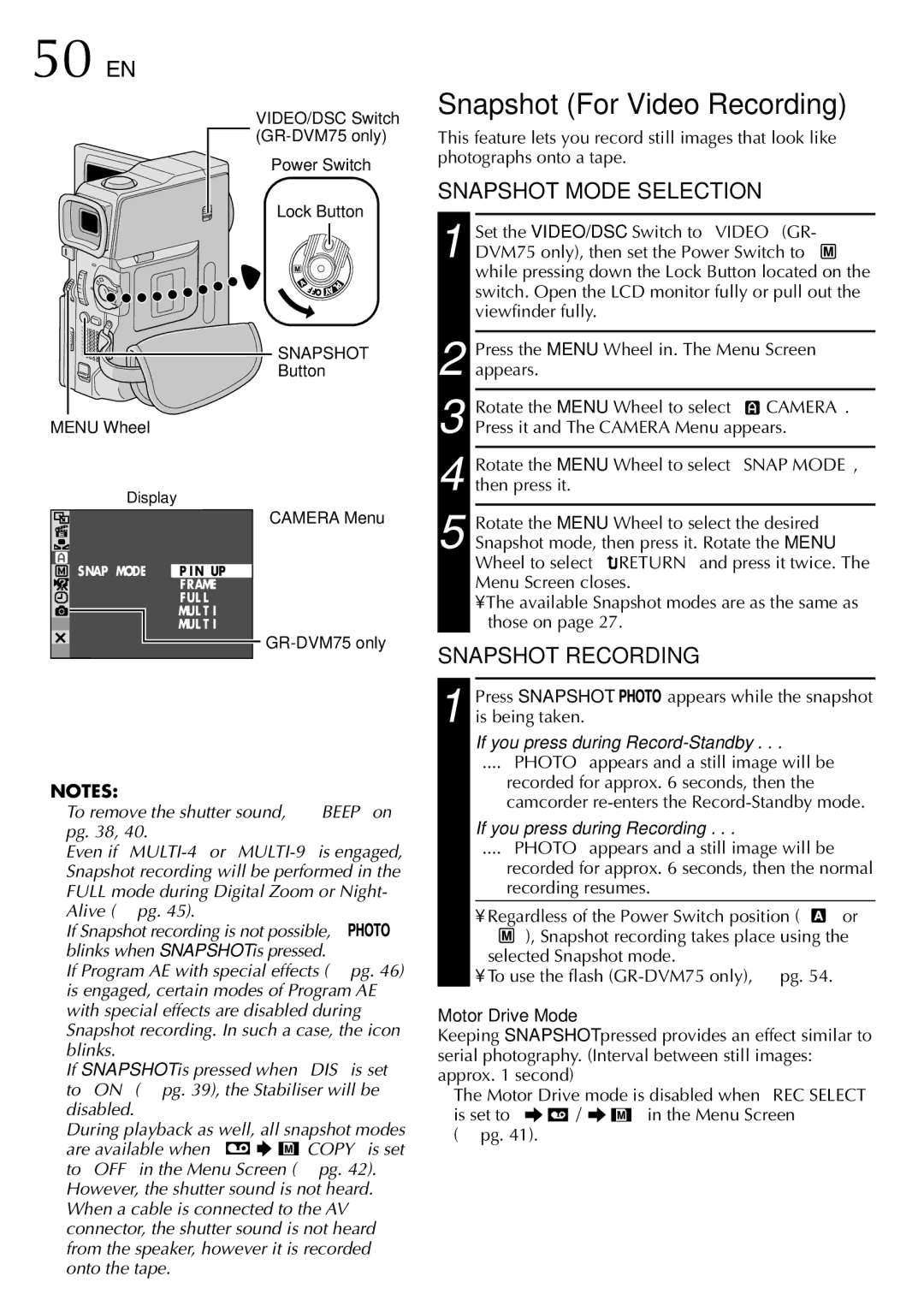 JVC GR-DVM75 50 EN, Snapshot For Video Recording, If you press during Record-Standby, If you press during Recording 