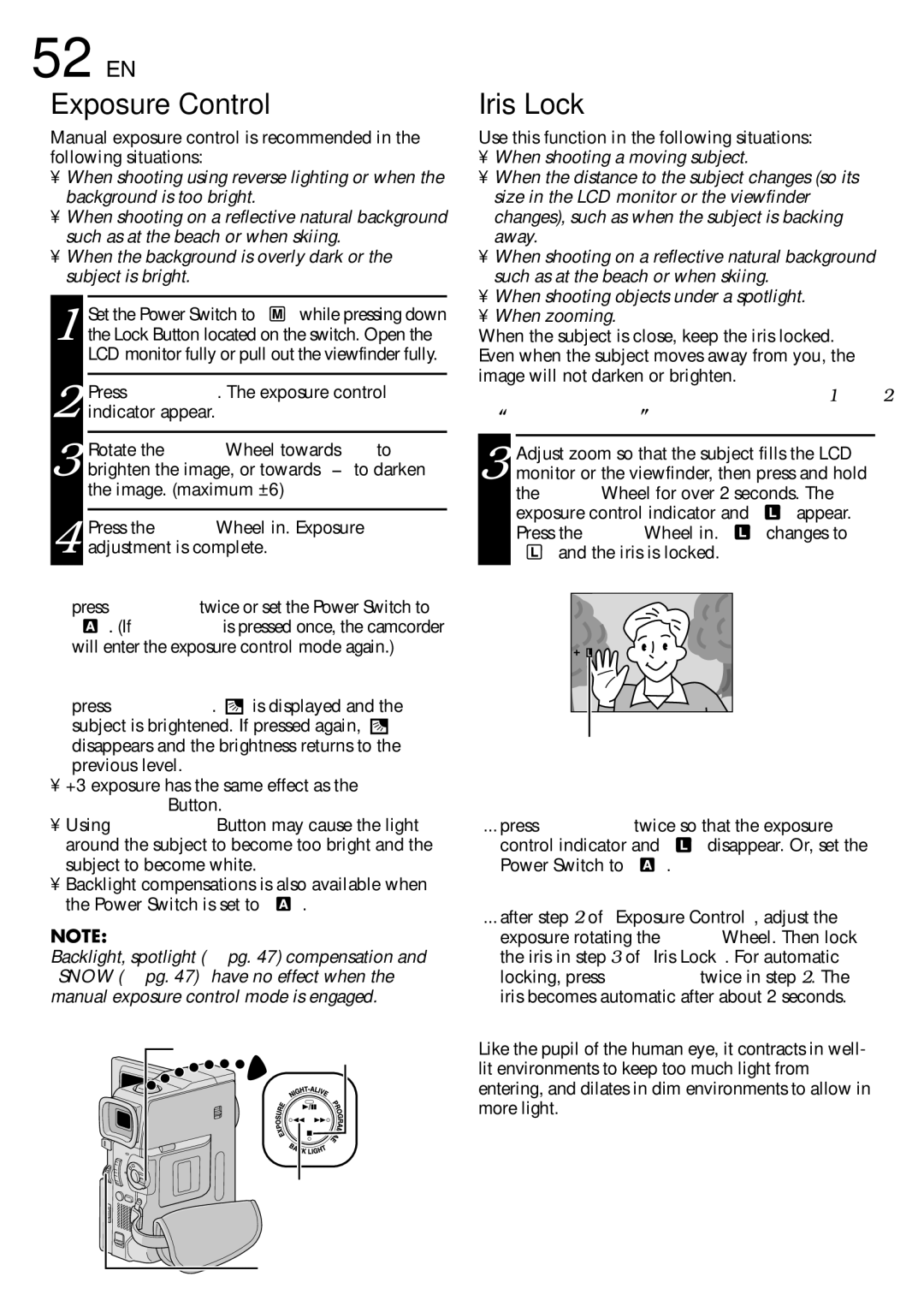 JVC GR-DVM75 specifications 52 EN, Exposure Control, Iris Lock 