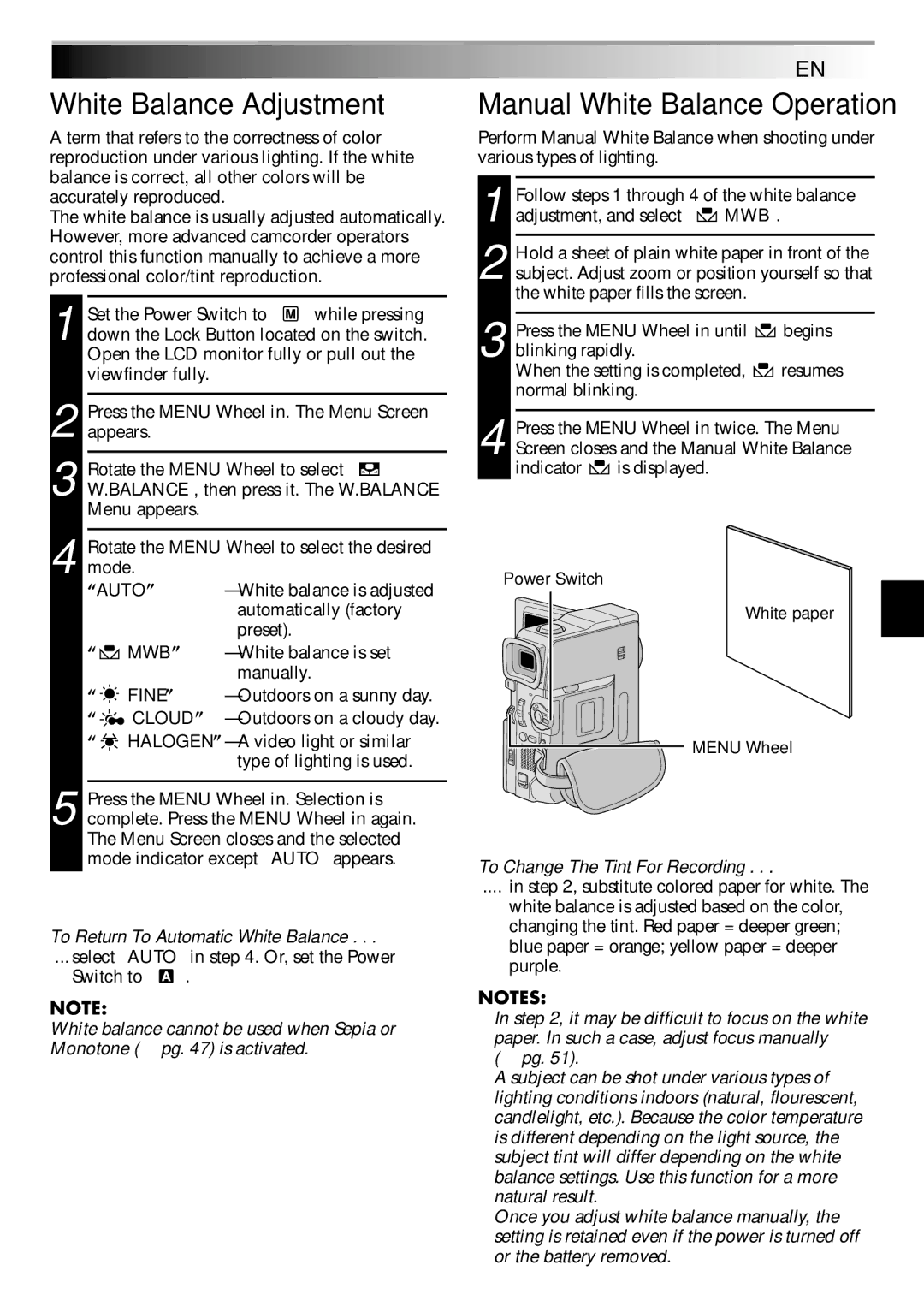 JVC GR-DVM75 White Balance Adjustment, Manual White Balance Operation, EN53, To Return To Automatic White Balance 