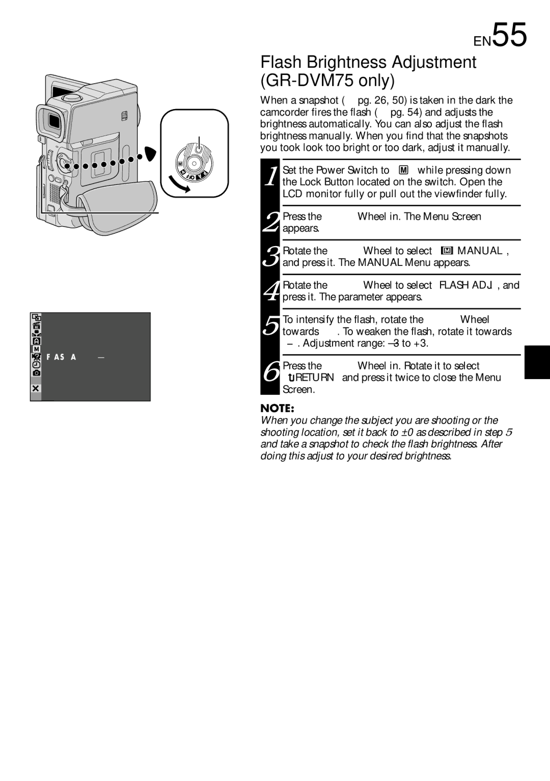 JVC specifications EN55, Flash Brightness Adjustment GR-DVM75 only, Manual Menu 