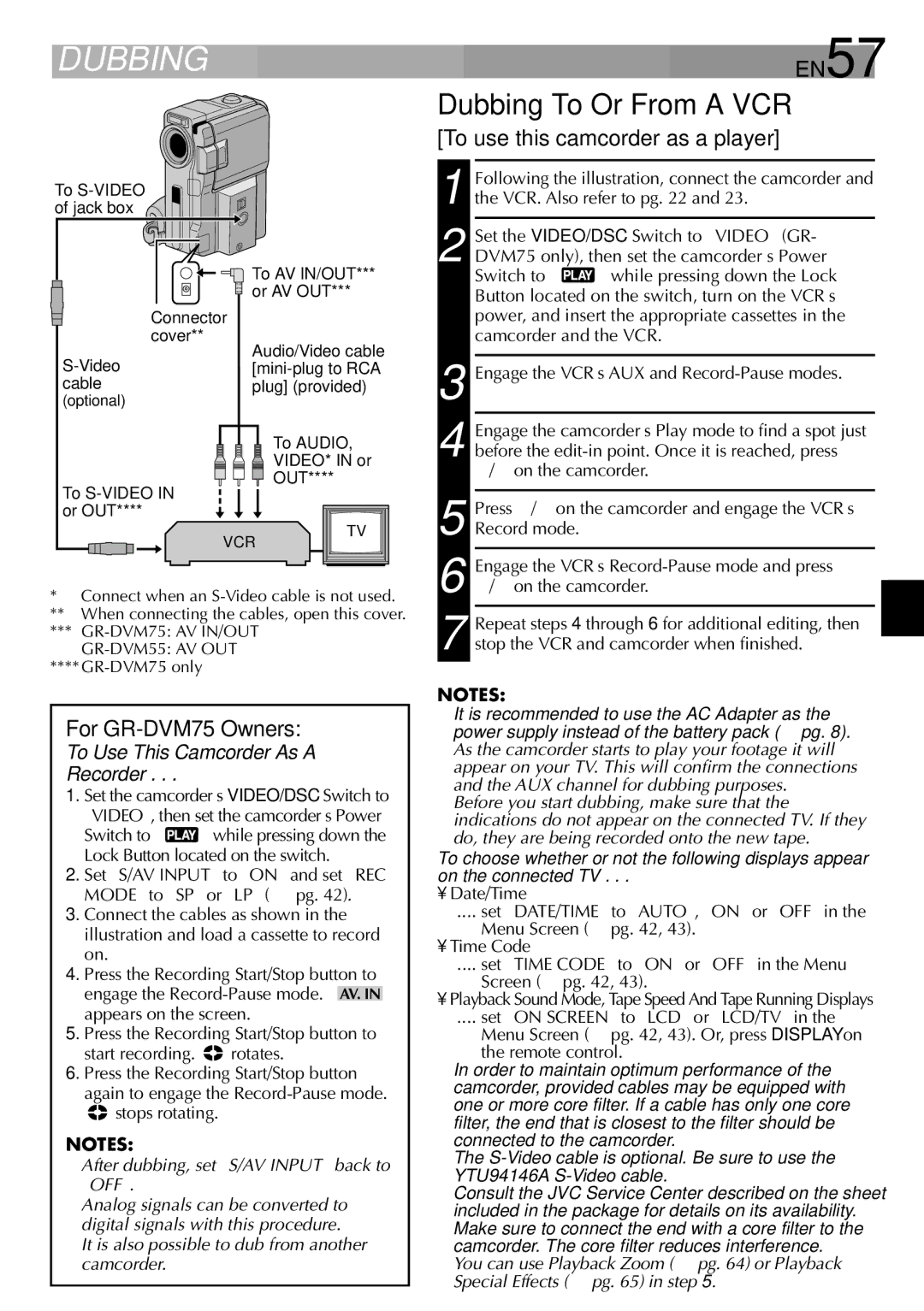 JVC specifications Dubbing To Or From a VCR, For GR-DVM75 Owners, EN57, To use this camcorder as a player 