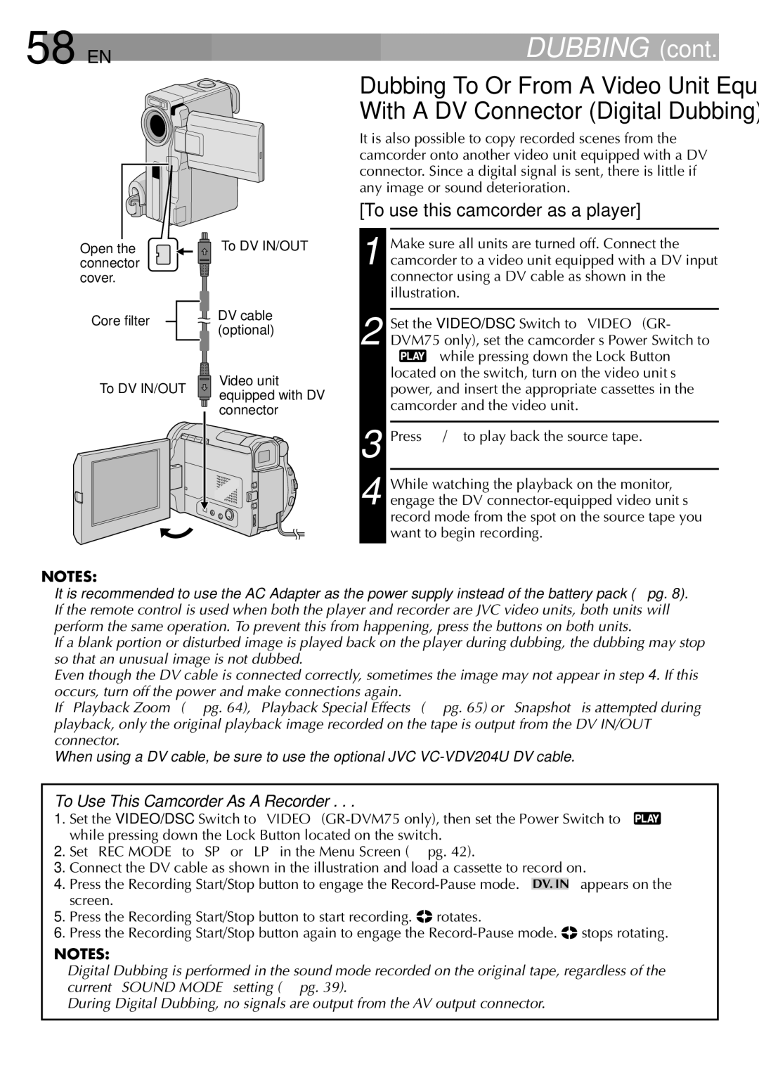 JVC GR-DVM75 specifications 58 EN, Dubbing 