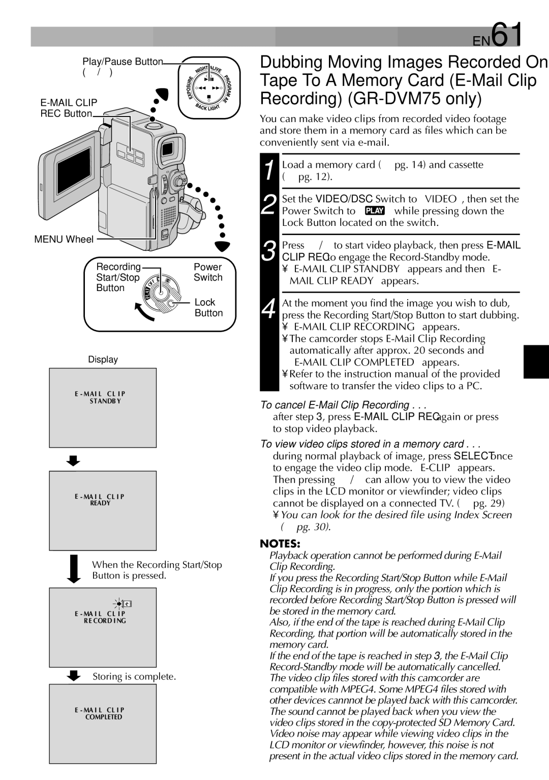 JVC GR-DVM75 specifications EN61, To cancel E-Mail Clip Recording, To view video clips stored in a memory card 