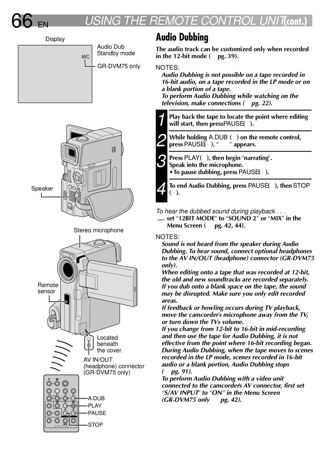 JVC GR-DVM75 specifications 66 EN, Audio Dubbing, To hear the dubbed sound during playback 