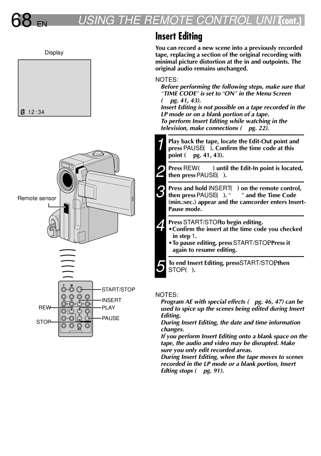 JVC GR-DVM75 specifications 68 EN, Insert Editing 