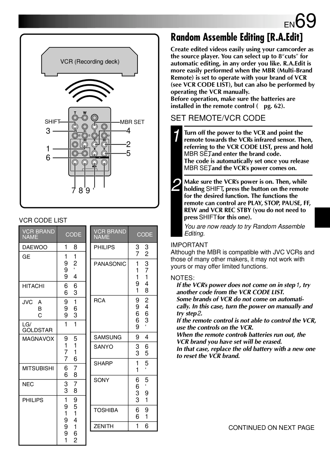 JVC GR-DVM75 specifications EN69, SET REMOTE/VCR Code, VCR Recording deck 