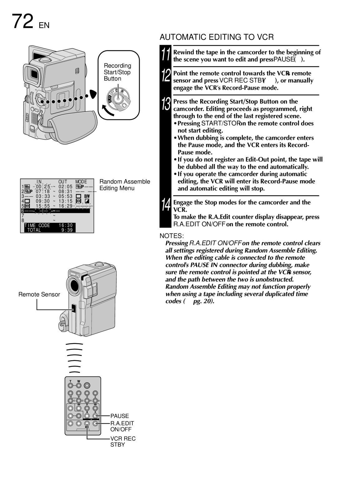 JVC GR-DVM75 specifications 72 EN, Automatic Editing to VCR, Recording Start/Stop Button, Editing Menu 