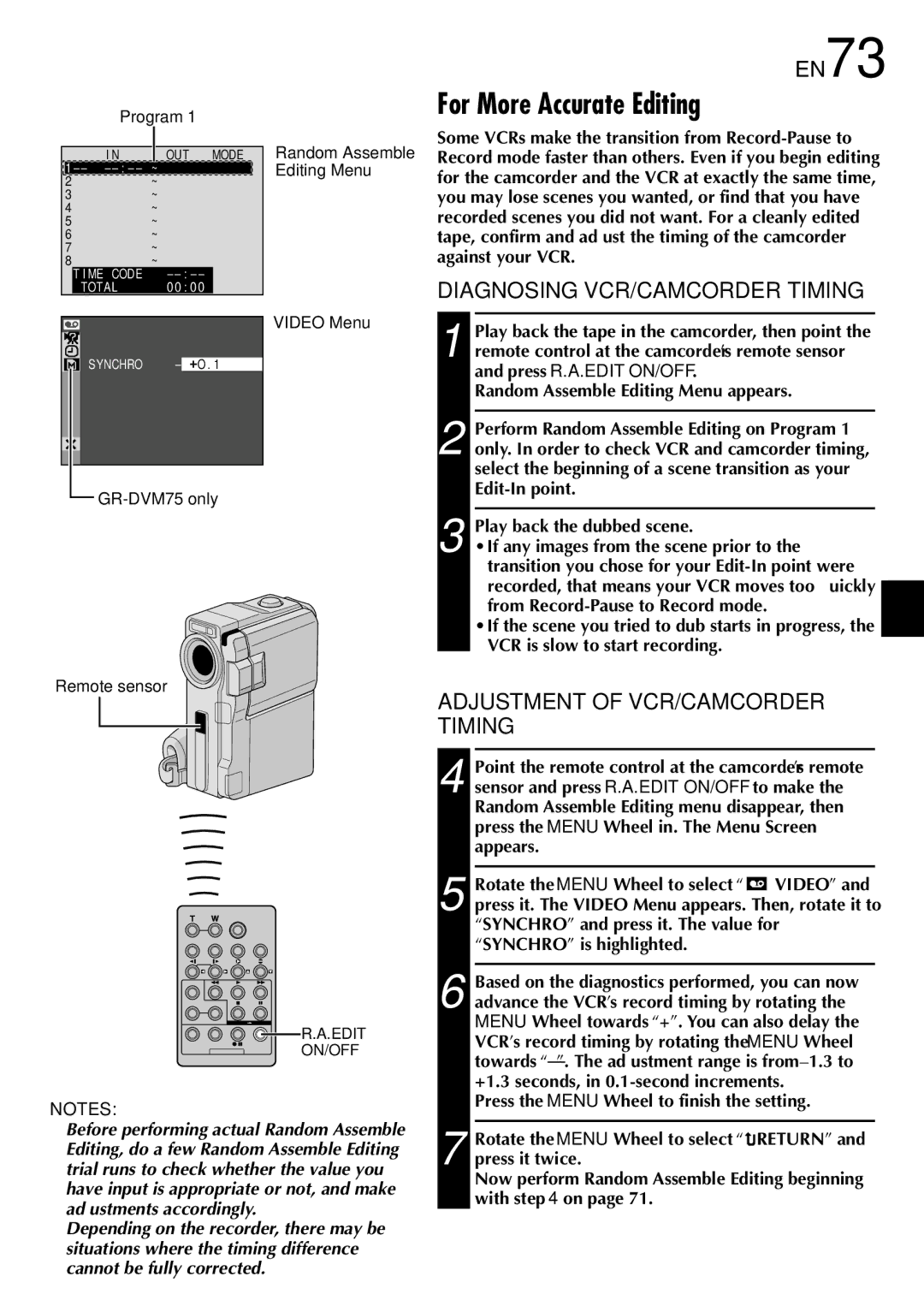 JVC GR-DVM75 For More Accurate Editing, EN73, Diagnosing VCR/CAMCORDER Timing, Adjustment of VCR/CAMCORDER Timing 