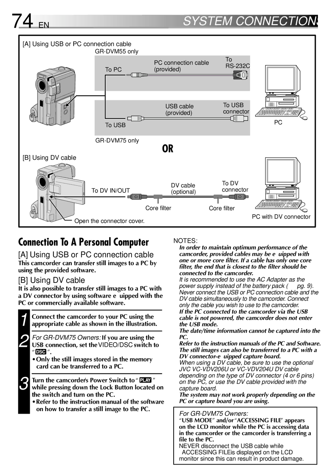 JVC specifications Using USB or PC connection cable, Using DV cable, For GR-DVM75 Owners 