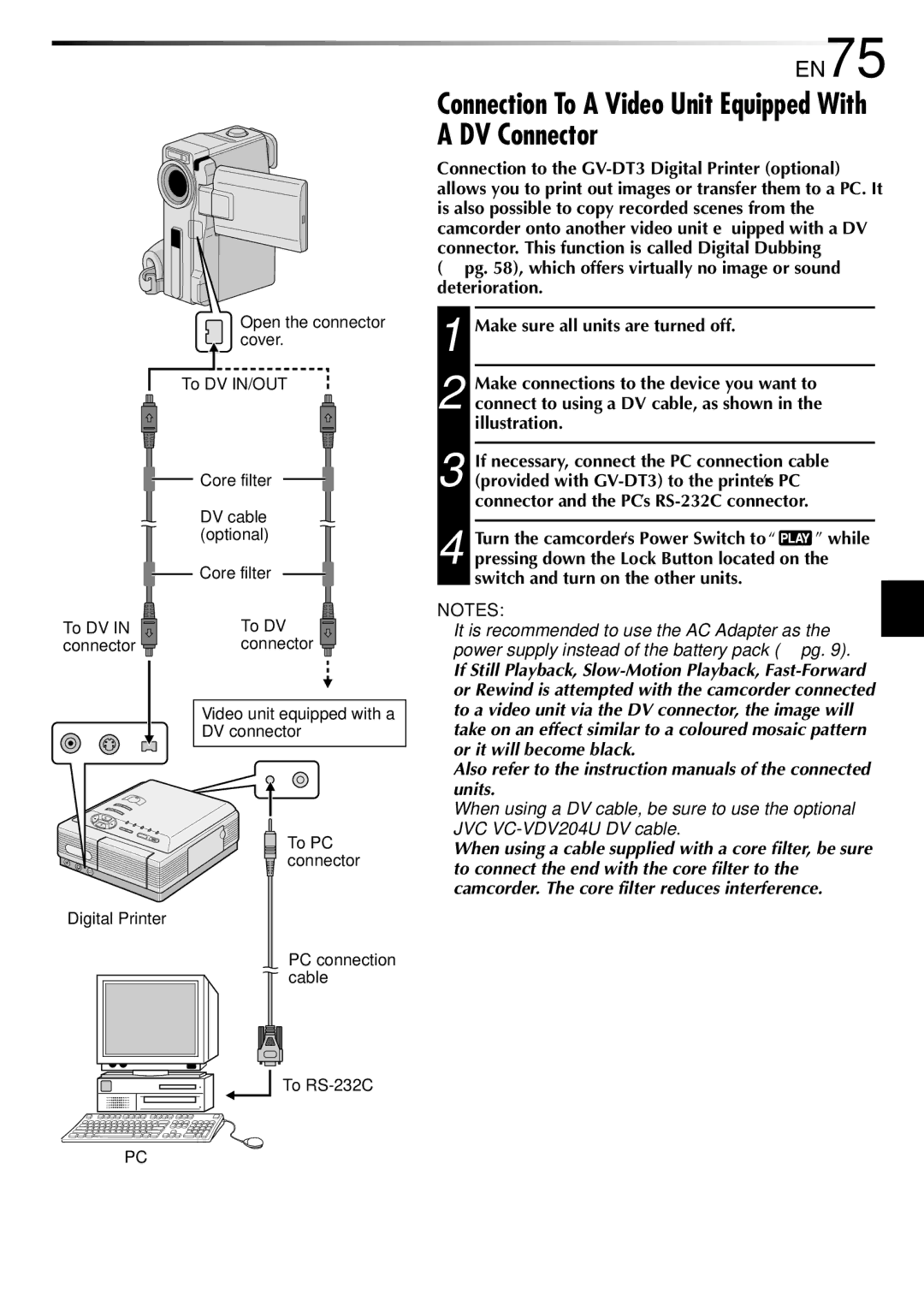 JVC GR-DVM75 Connection To a Video Unit Equipped With a DV Connector, EN75, Video unit equipped with a DV connector 