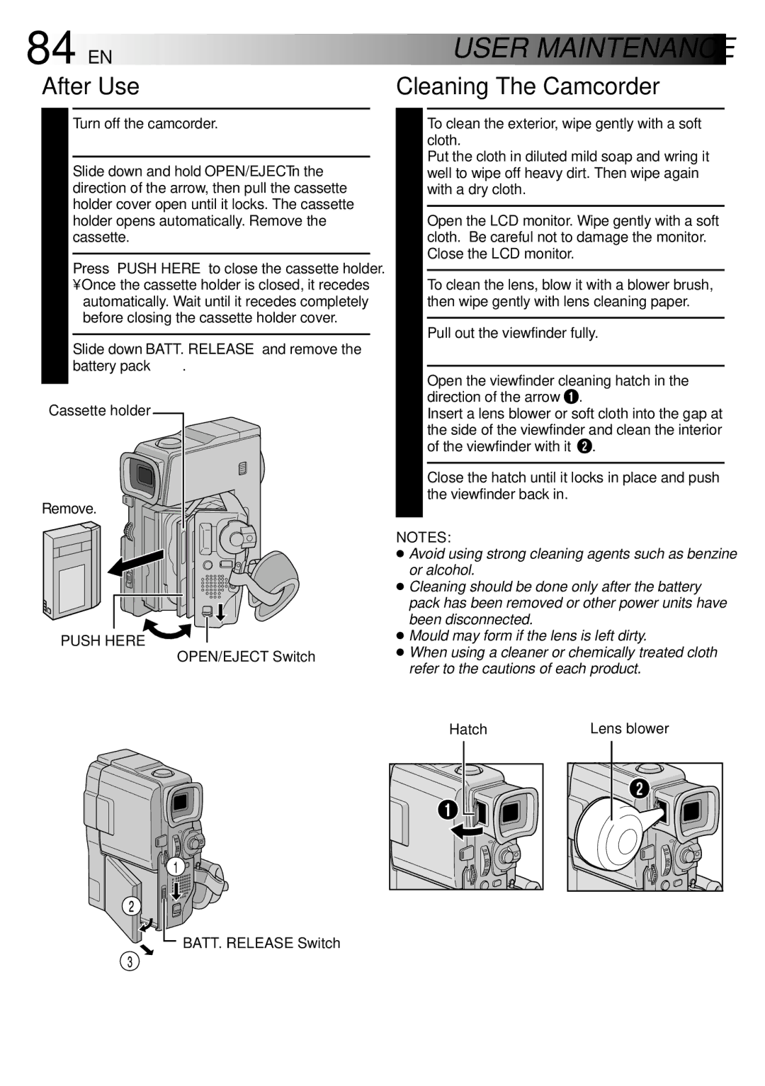 JVC GR-DVM75 specifications 84 EN, User Maintenance, After Use, Cleaning The Camcorder 