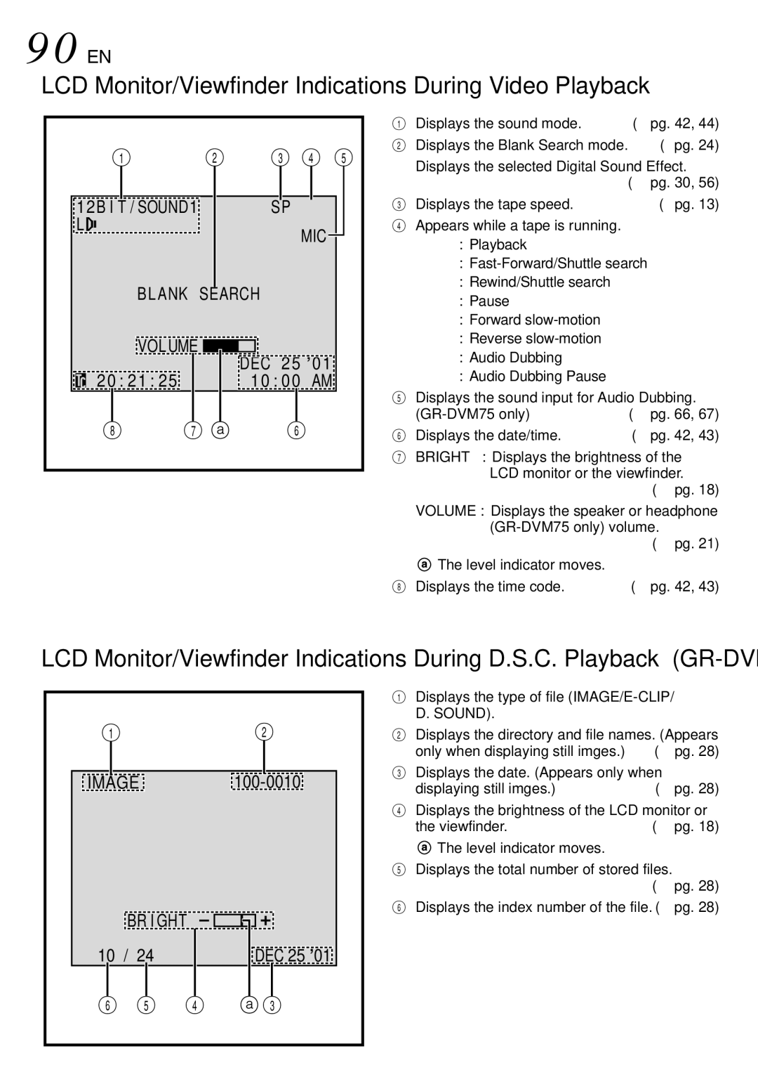 JVC GR-DVM75 specifications LCD Monitor/Viewfinder Indications During Video Playback 