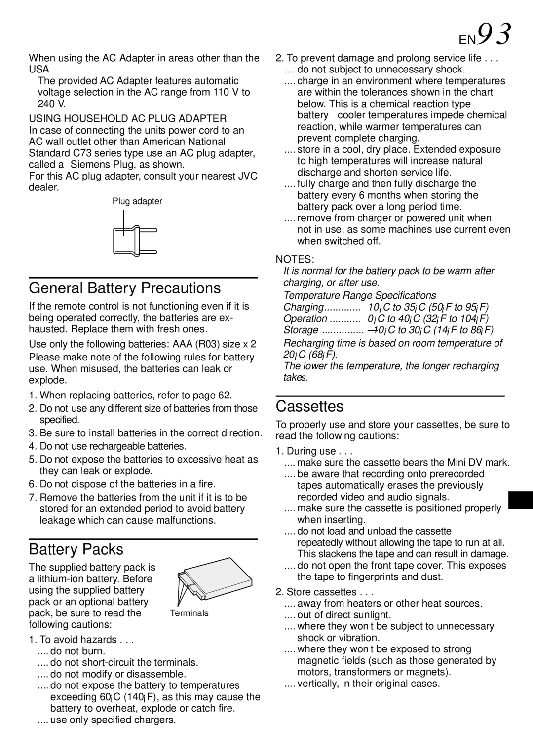 JVC GR-DVM75 specifications EN93, Temperature Range Specifications 