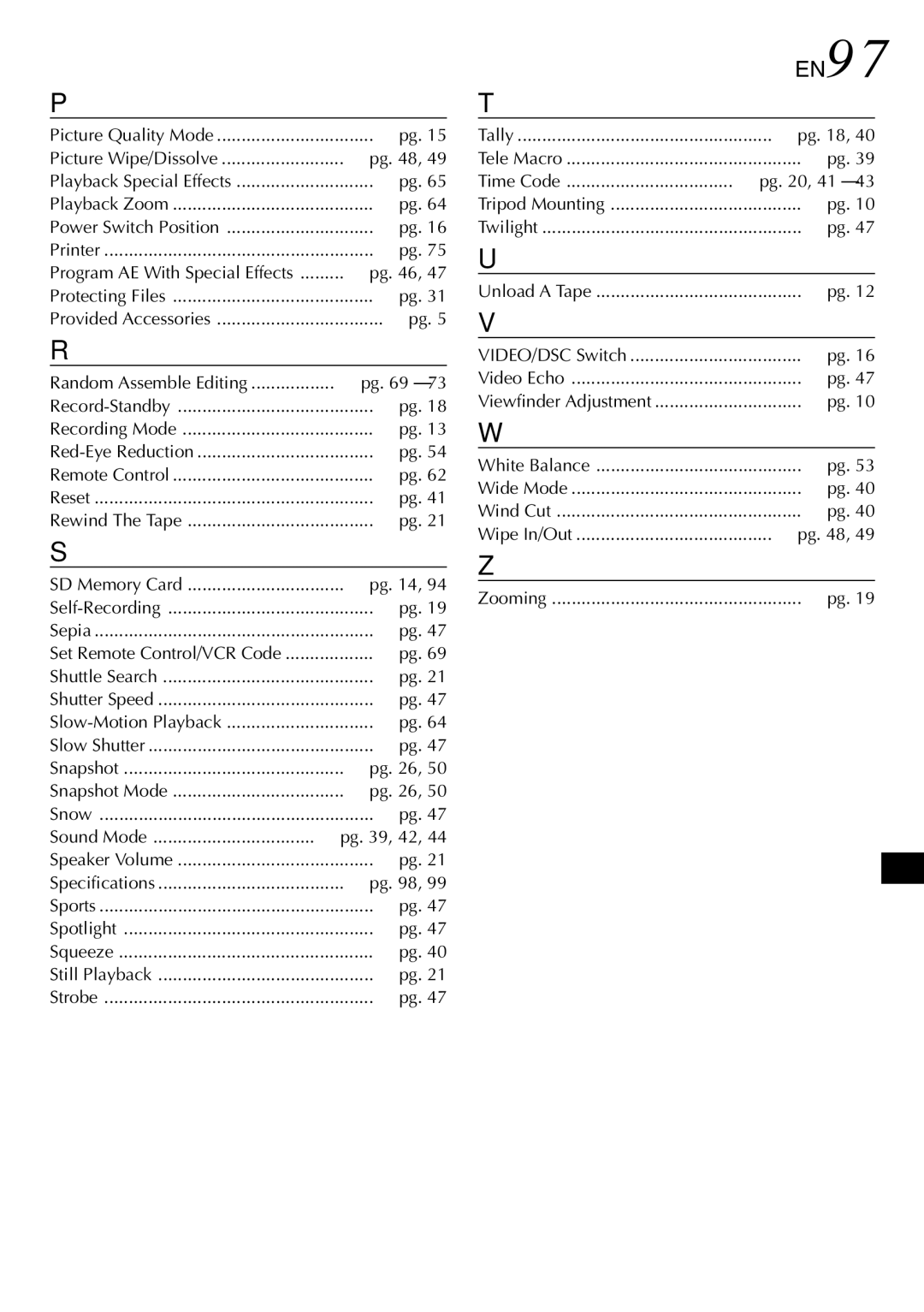 JVC GR-DVM75 specifications EN97, Sound Mode  pg , 42 